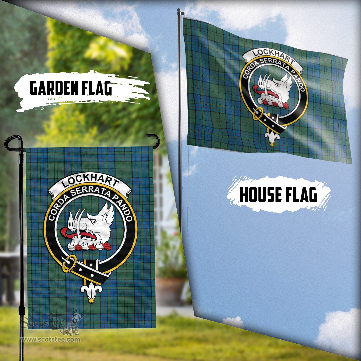 Scottish Lockhart Tartan Flag with Family Crest - Tartan Garden Flag Scottish Plaid Tartan Plaid - ScotsTee - scotstee.com