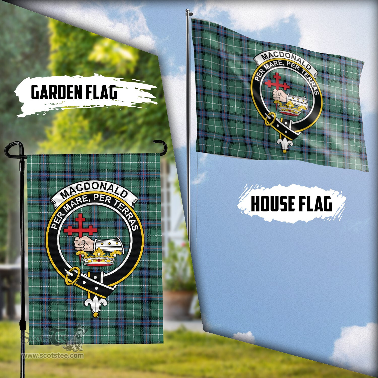 Scottish MacDonald of the Isles Hunting Ancient Tartan Flag with Family Crest - Tartan Garden Flag Scottish Plaid Tartan Plaid - ScotsTee - scotstee.com