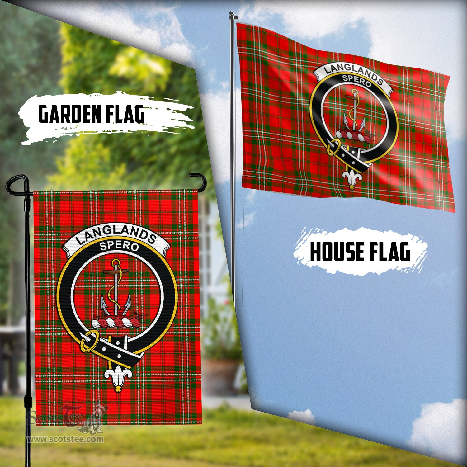 Scottish Langlands Tartan Flag with Family Crest - Tartan Garden Flag Scottish Plaid Tartan Plaid - ScotsTee - scotstee.com