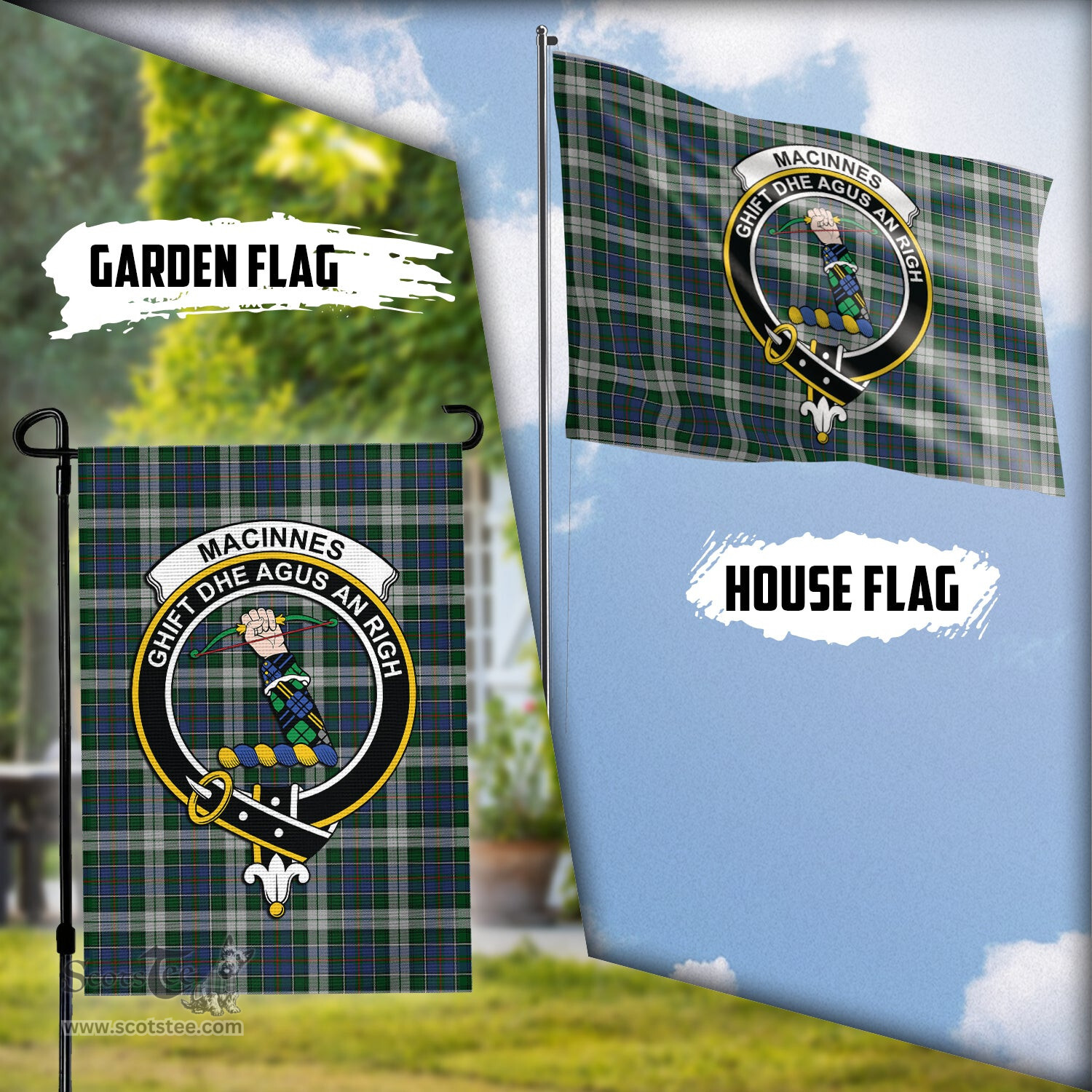 Scottish MacInnes Dress Tartan Flag with Family Crest - Tartan Garden Flag Scottish Plaid Tartan Plaid - ScotsTee - scotstee.com