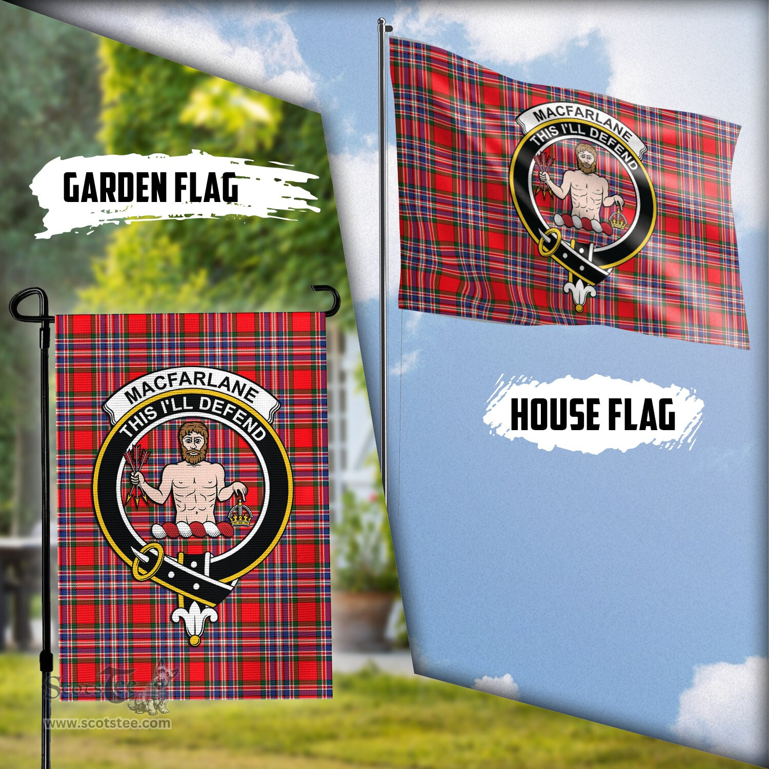 Scottish MacFarlane Modern Tartan Flag with Family Crest - Tartan Garden Flag Scottish Plaid Tartan Plaid - ScotsTee - scotstee.com