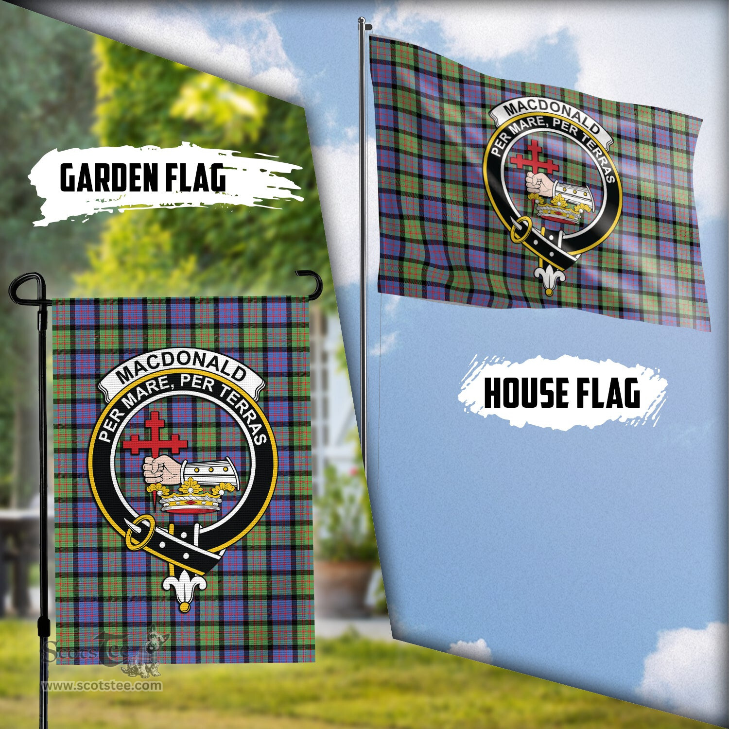 Scottish MacDonald Ancient Tartan Flag with Family Crest - Tartan Garden Flag Scottish Plaid Tartan Plaid - ScotsTee - scotstee.com
