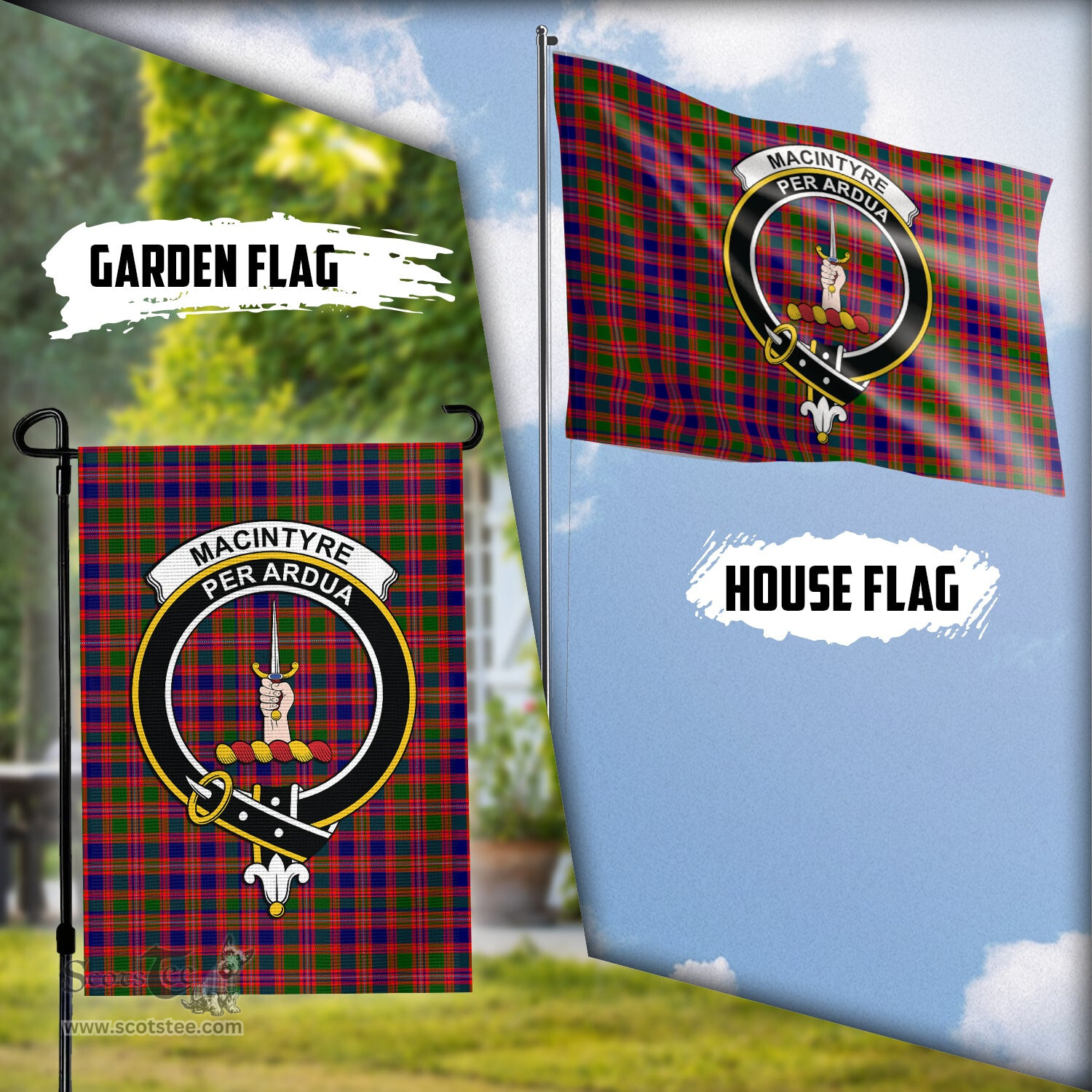 Scottish MacIntyre Modern Tartan Flag with Family Crest - Tartan Garden Flag Scottish Plaid Tartan Plaid - ScotsTee - scotstee.com