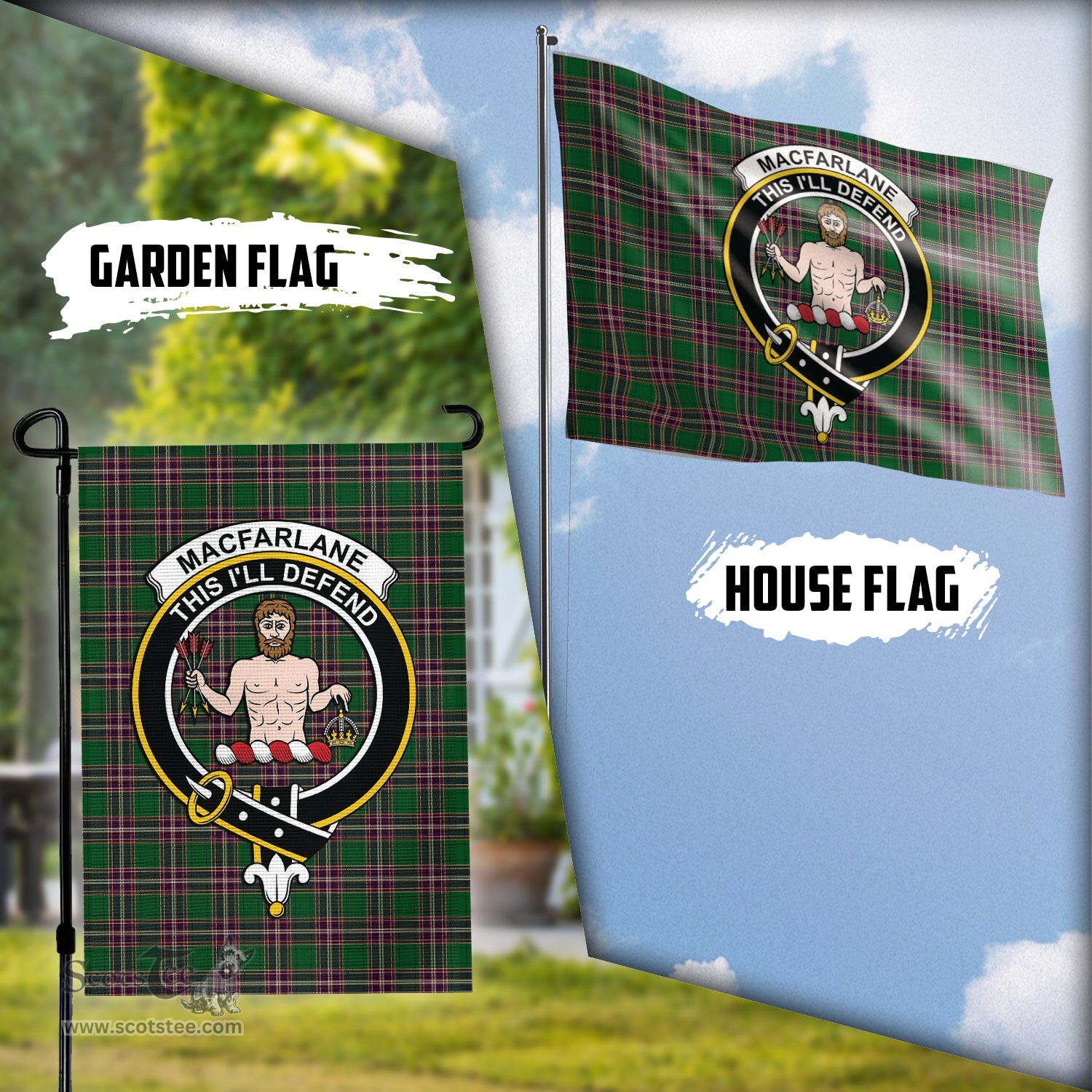 Scottish MacFarlane Hunting Tartan Flag with Family Crest - Tartan Garden Flag Scottish Plaid Tartan Plaid - ScotsTee - scotstee.com