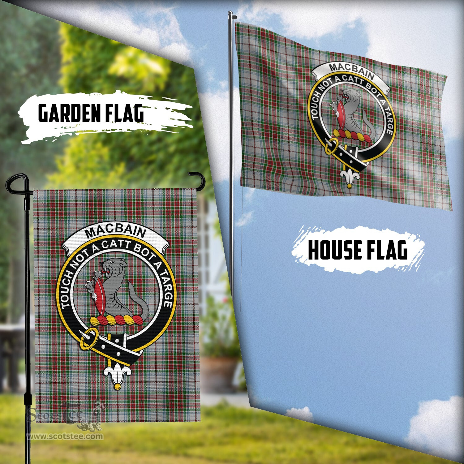 Scottish MacBain Dress Tartan Flag with Family Crest - Tartan Garden Flag Scottish Plaid Tartan Plaid - ScotsTee - scotstee.com