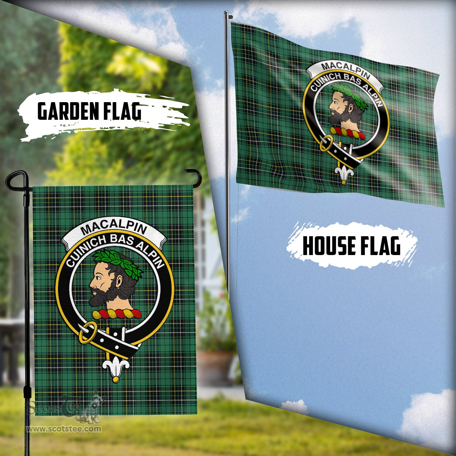 Scottish MacAlpin Ancient Tartan Flag with Family Crest - Tartan Garden Flag Scottish Plaid Tartan Plaid - ScotsTee - scotstee.com