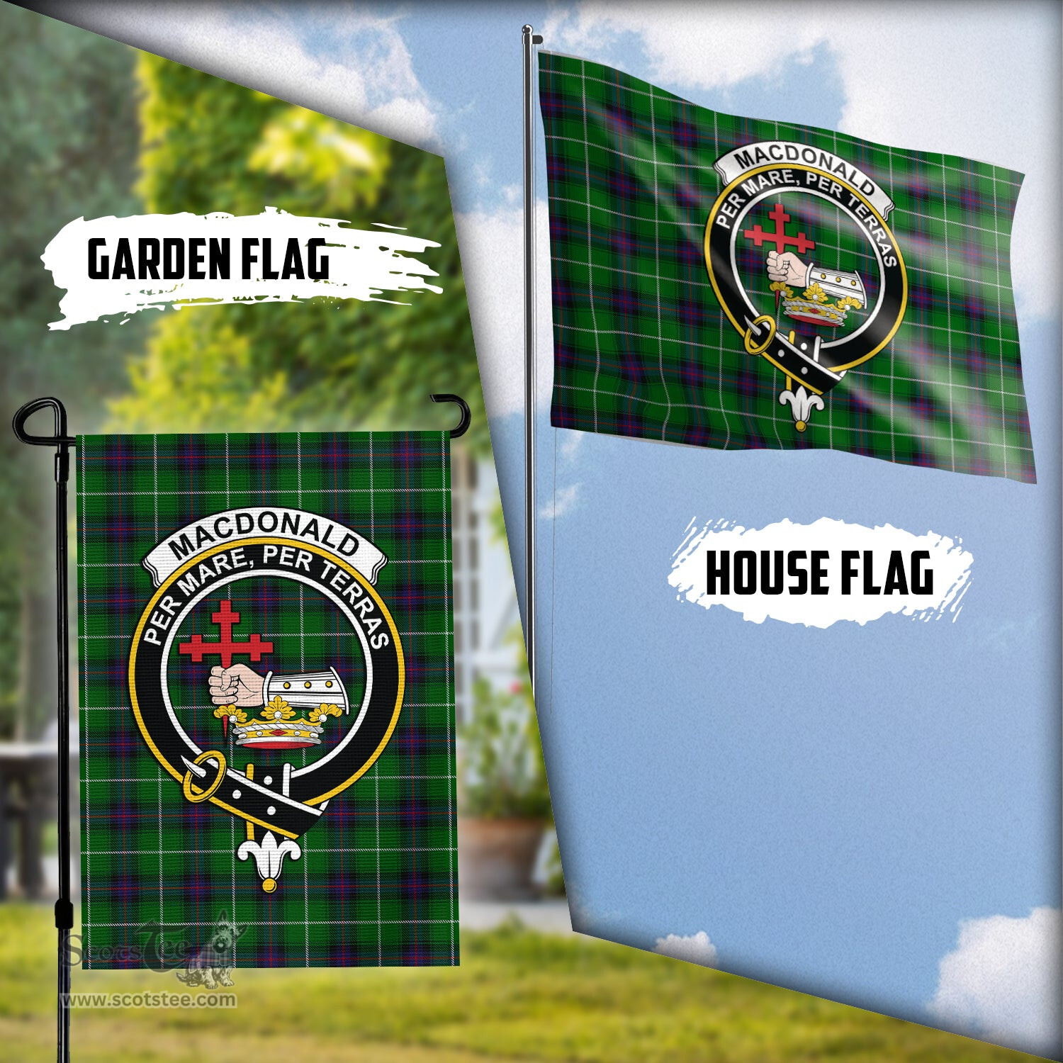 Scottish MacDonald of The Isles Tartan Flag with Family Crest - Tartan Garden Flag Scottish Plaid Tartan Plaid - ScotsTee - scotstee.com