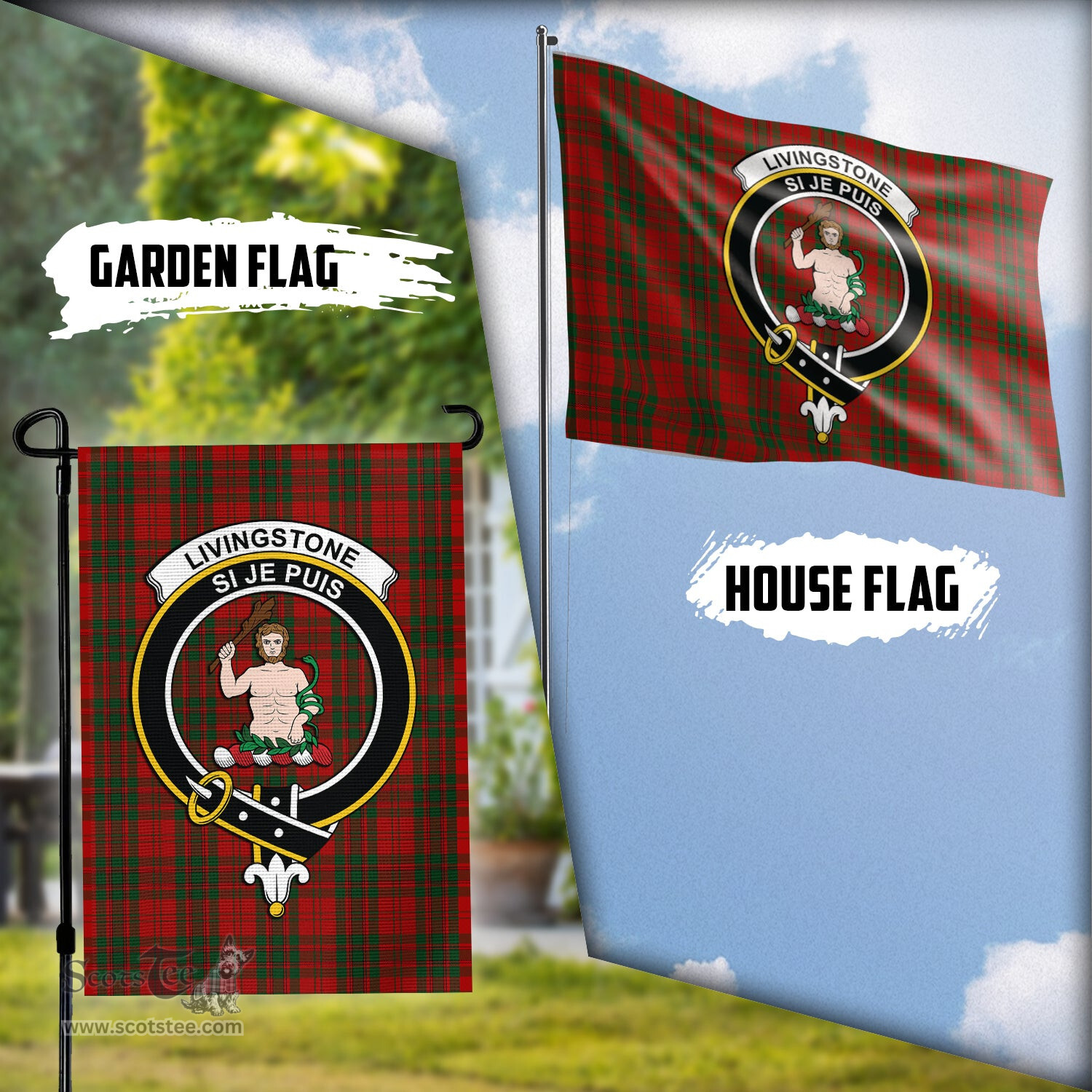 Scottish Livingston Tartan Flag with Family Crest - Tartan Garden Flag Scottish Plaid Tartan Plaid - ScotsTee - scotstee.com