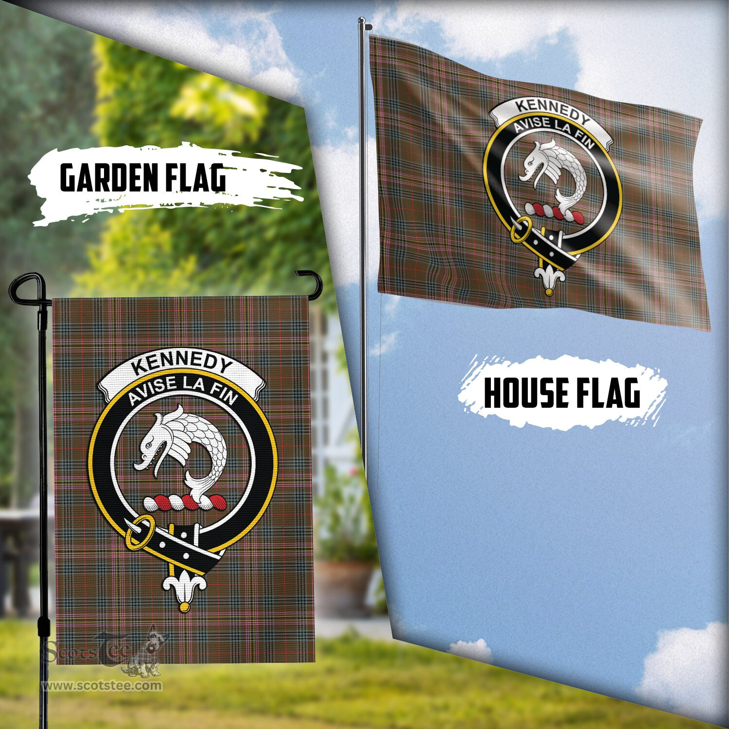 Scottish Kennedy Weathered Tartan Flag with Family Crest - Tartan Garden Flag Scottish Plaid Tartan Plaid - ScotsTee - scotstee.com