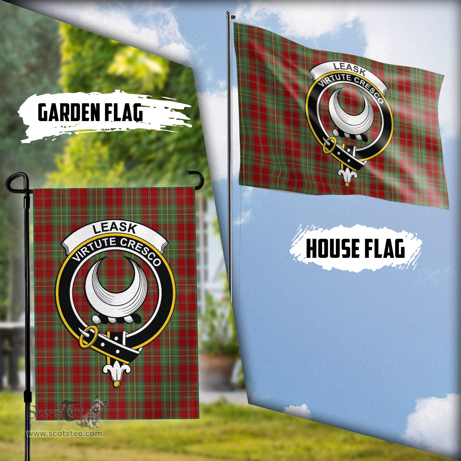 Scottish Leask Tartan Flag with Family Crest - Tartan Garden Flag Scottish Plaid Tartan Plaid - ScotsTee - scotstee.com