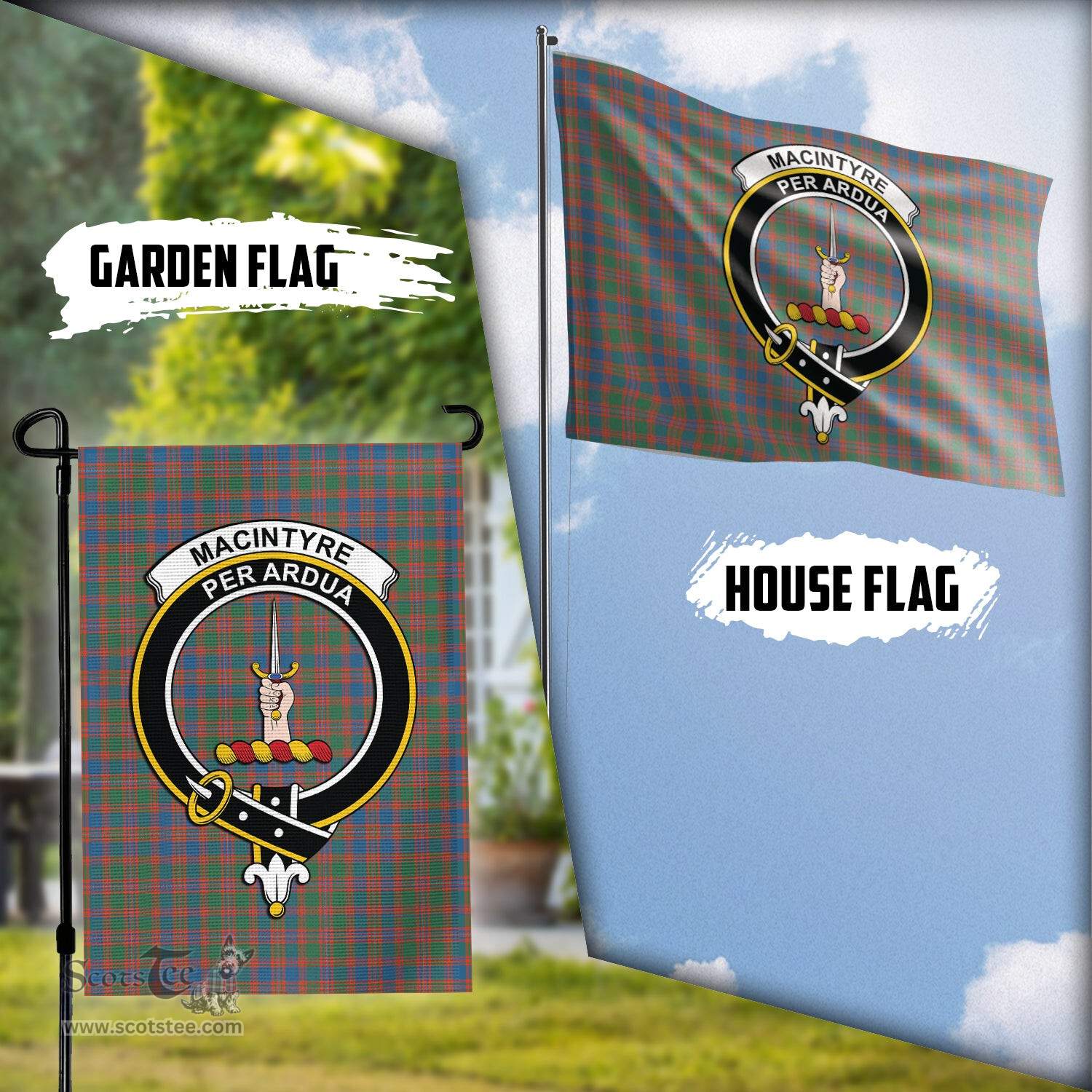 Scottish MacIntyre Ancient Tartan Flag with Family Crest - Tartan Garden Flag Scottish Plaid Tartan Plaid - ScotsTee - scotstee.com