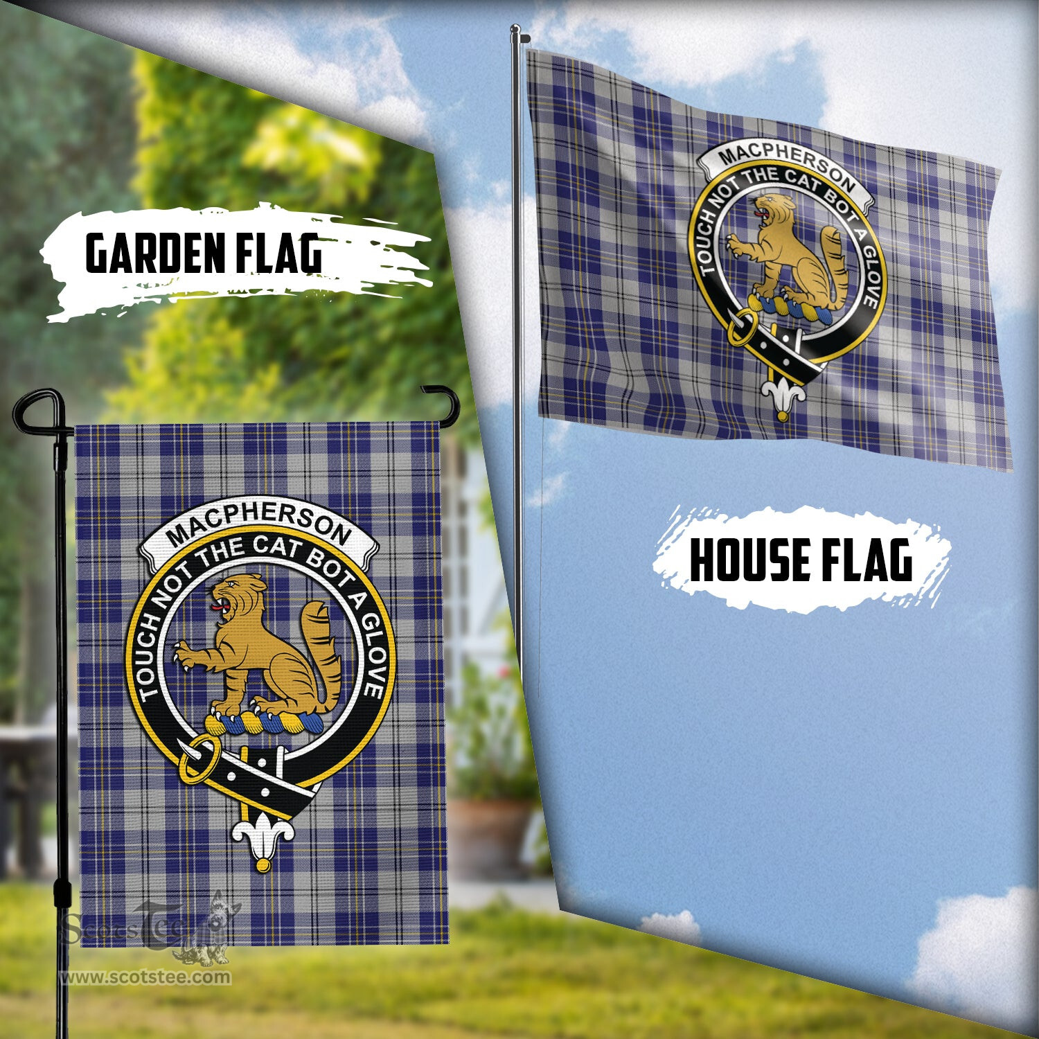Scottish MacPherson Dress Blue Tartan Flag with Family Crest - Tartan Garden Flag Scottish Plaid Tartan Plaid - ScotsTee - scotstee.com