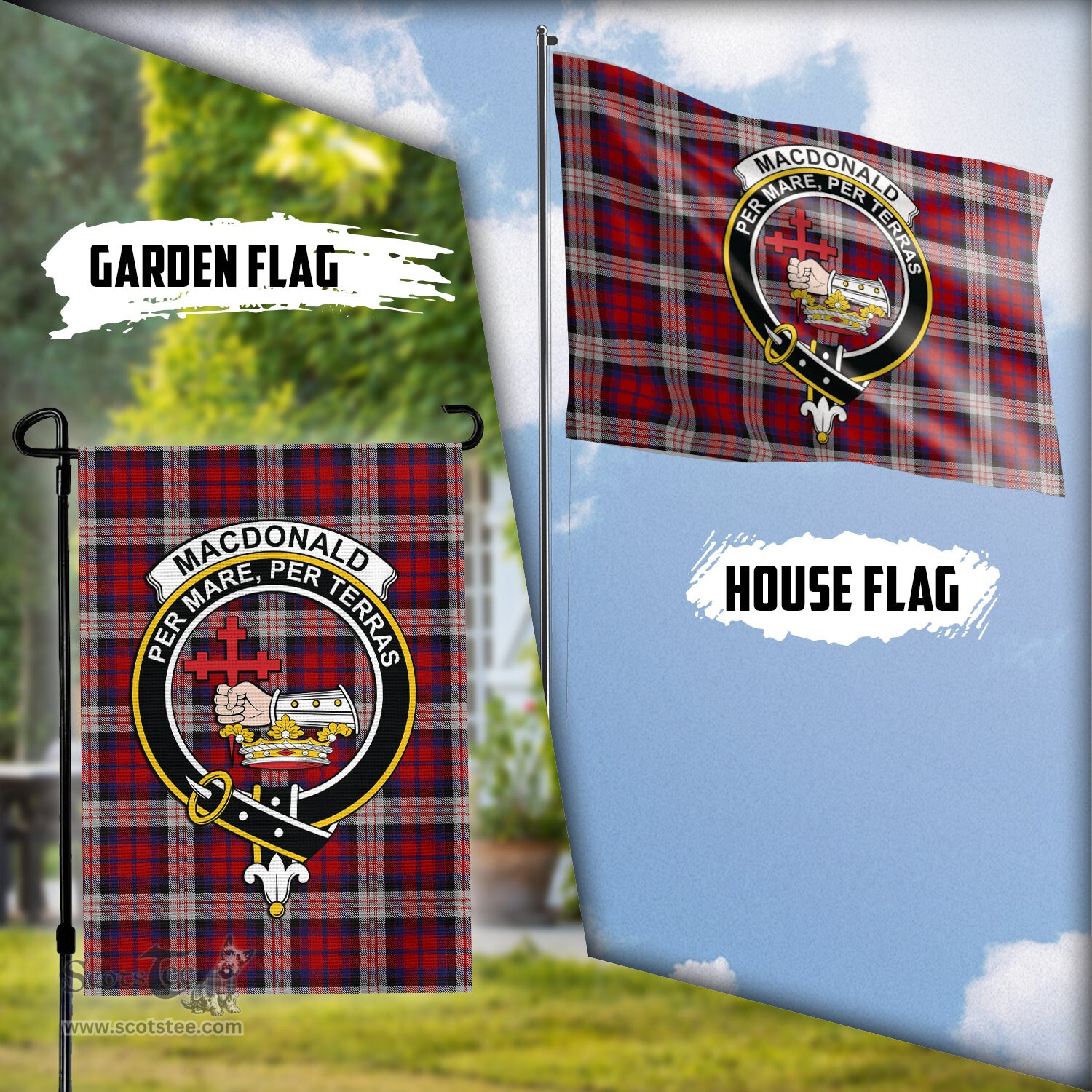 Scottish MacDonald Dress Irish Tartan Flag with Family Crest - Tartan Garden Flag Scottish Plaid Tartan Plaid - ScotsTee - scotstee.com