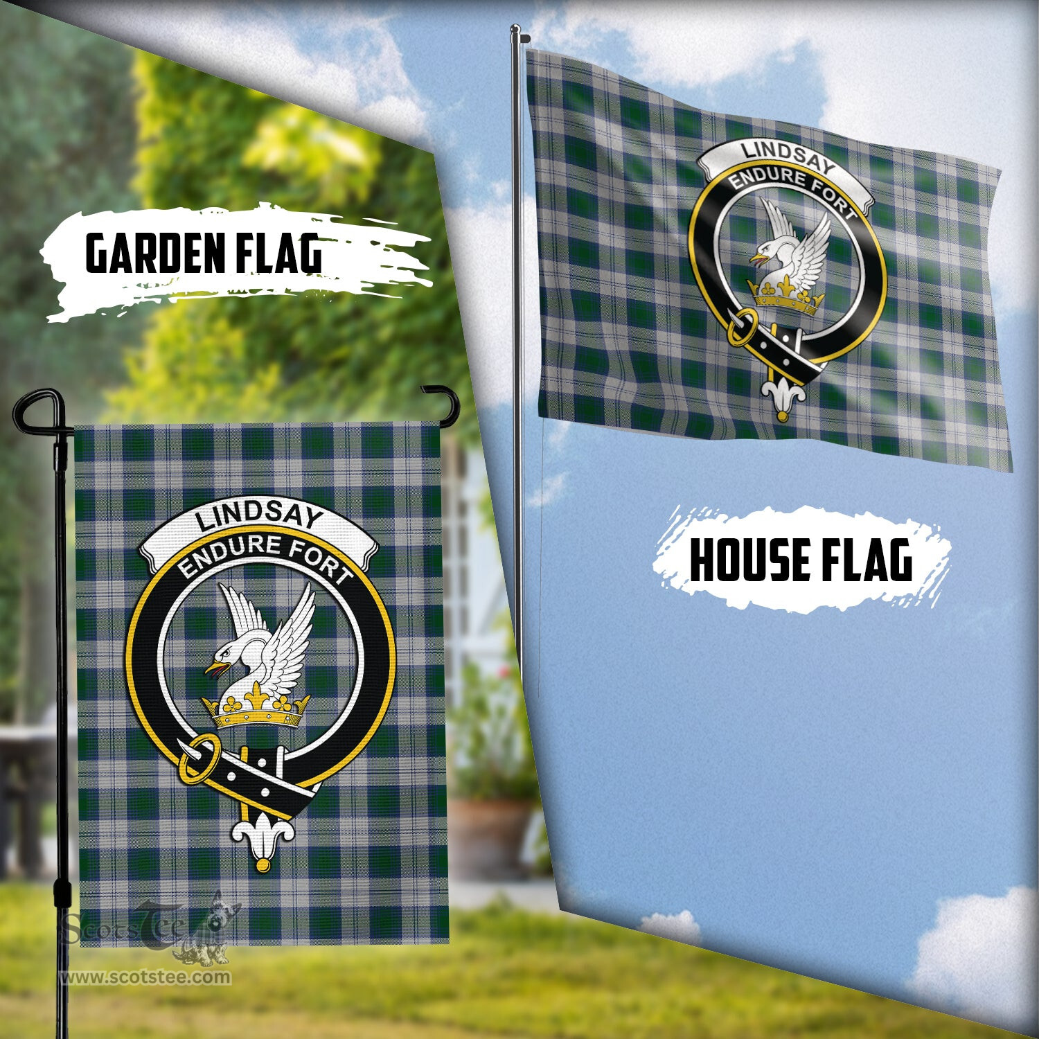 Scottish Lindsay Dress Tartan Flag with Family Crest - Tartan Garden Flag Scottish Plaid Tartan Plaid - ScotsTee - scotstee.com