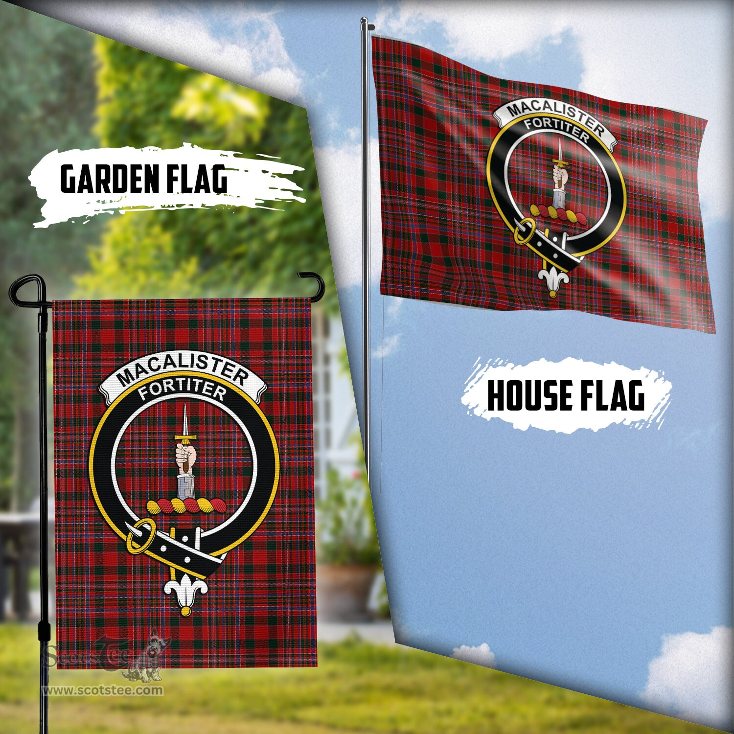 Scottish MacAlister Tartan Flag with Family Crest - Tartan Garden Flag Scottish Plaid Tartan Plaid - ScotsTee - scotstee.com