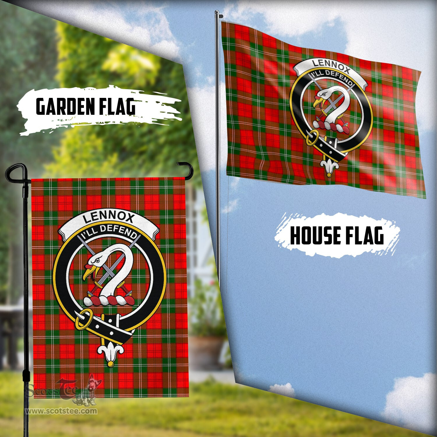 Scottish Lennox Modern Tartan Flag with Family Crest - Tartan Garden Flag Scottish Plaid Tartan Plaid - ScotsTee - scotstee.com