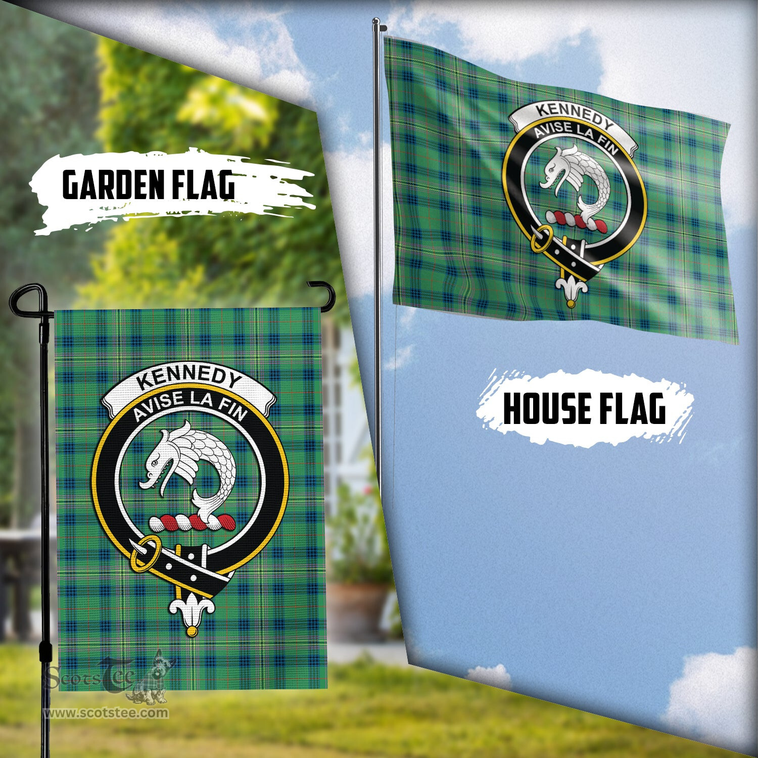 Scottish Kennedy Ancient Tartan Flag with Family Crest - Tartan Garden Flag Scottish Plaid Tartan Plaid - ScotsTee - scotstee.com