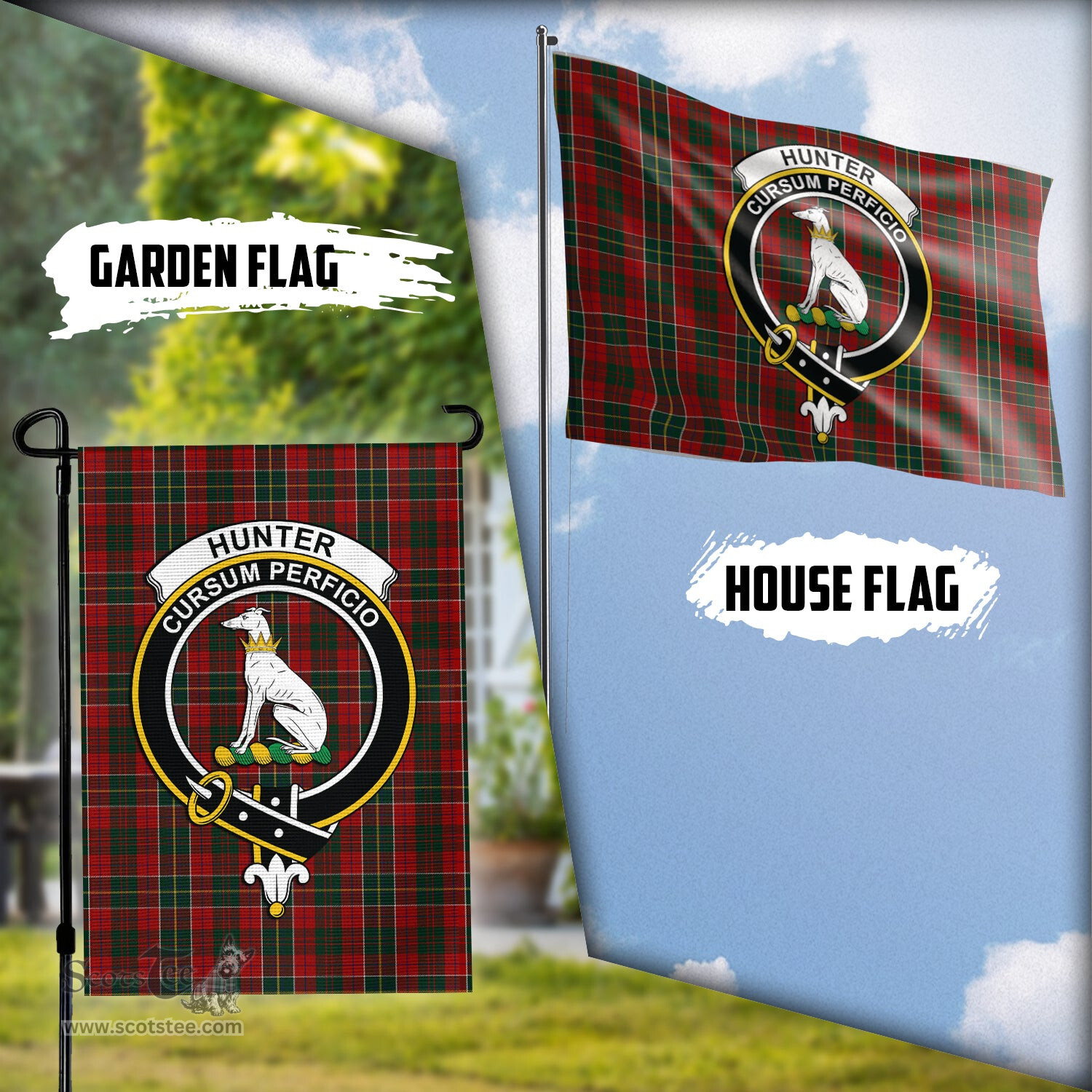 Scottish Hunter USA Tartan Flag with Family Crest - Tartan Garden Flag Scottish Plaid Tartan Plaid - ScotsTee - scotstee.com