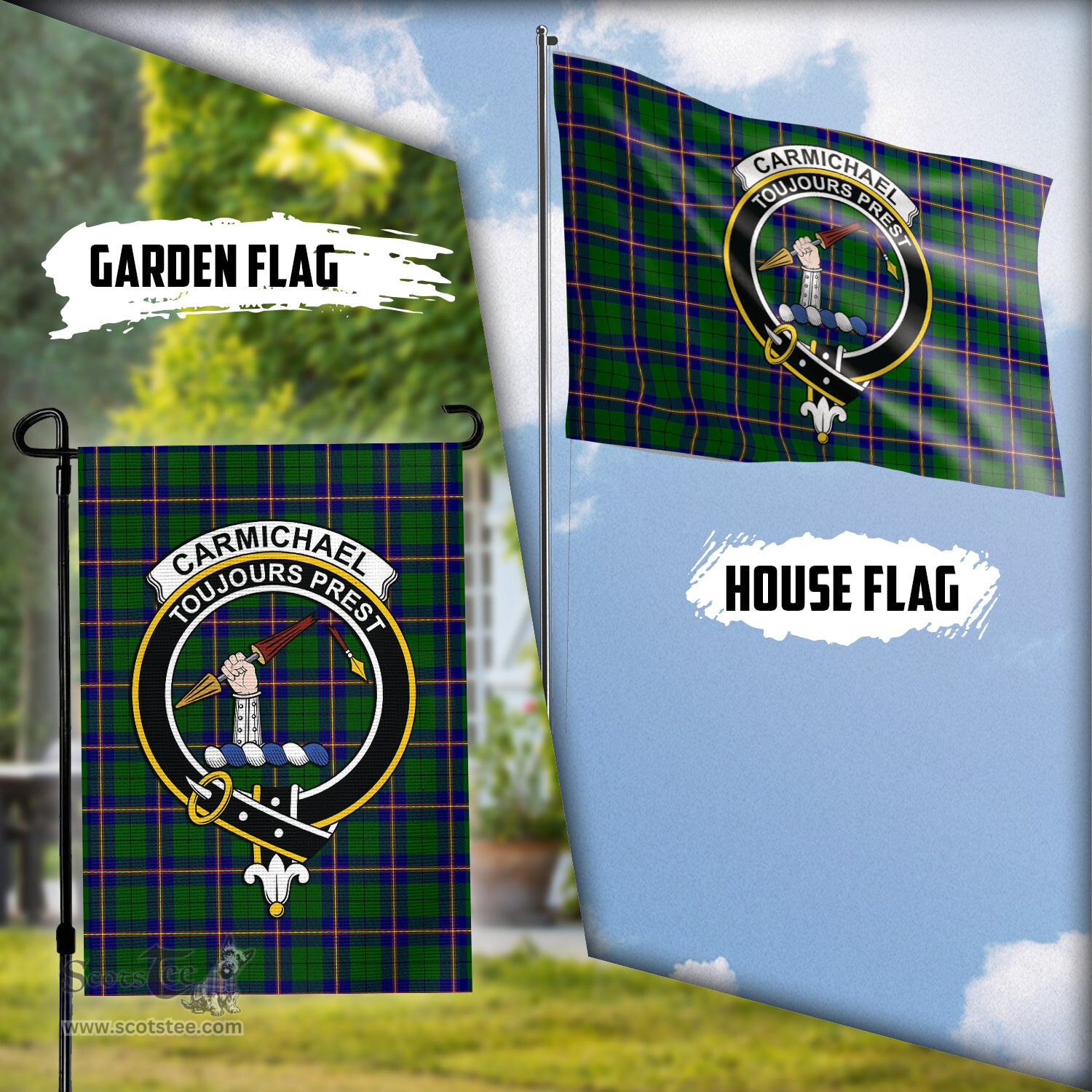 Scottish Carmichael Modern Tartan Flag with Family Crest - Tartan Garden Flag Scottish Plaid Tartan Plaid - ScotsTee - scotstee.com