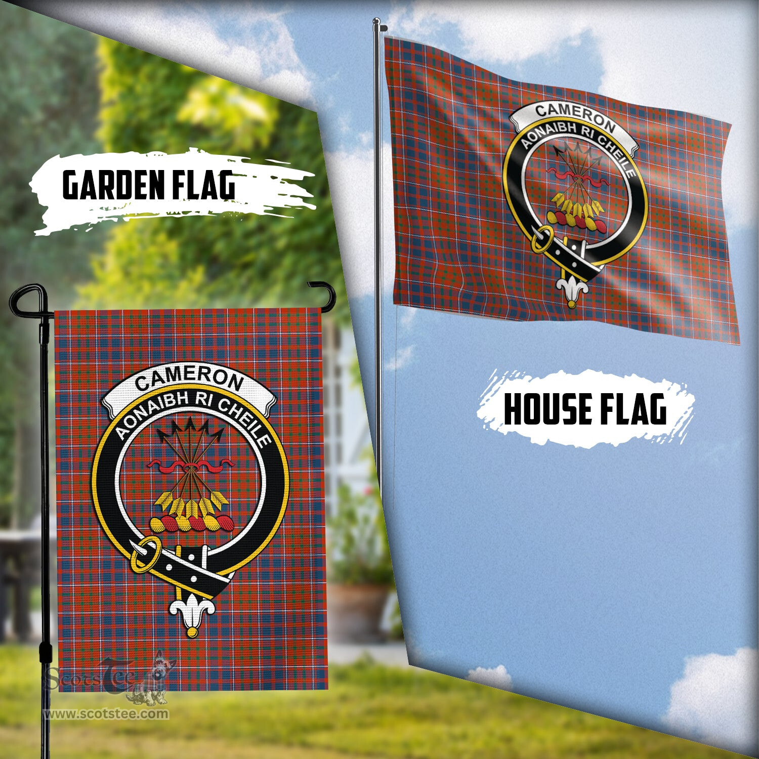 Scottish Cameron of Lochiel Ancient Tartan Flag with Family Crest - Tartan Garden Flag Scottish Plaid Tartan Plaid - ScotsTee - scotstee.com