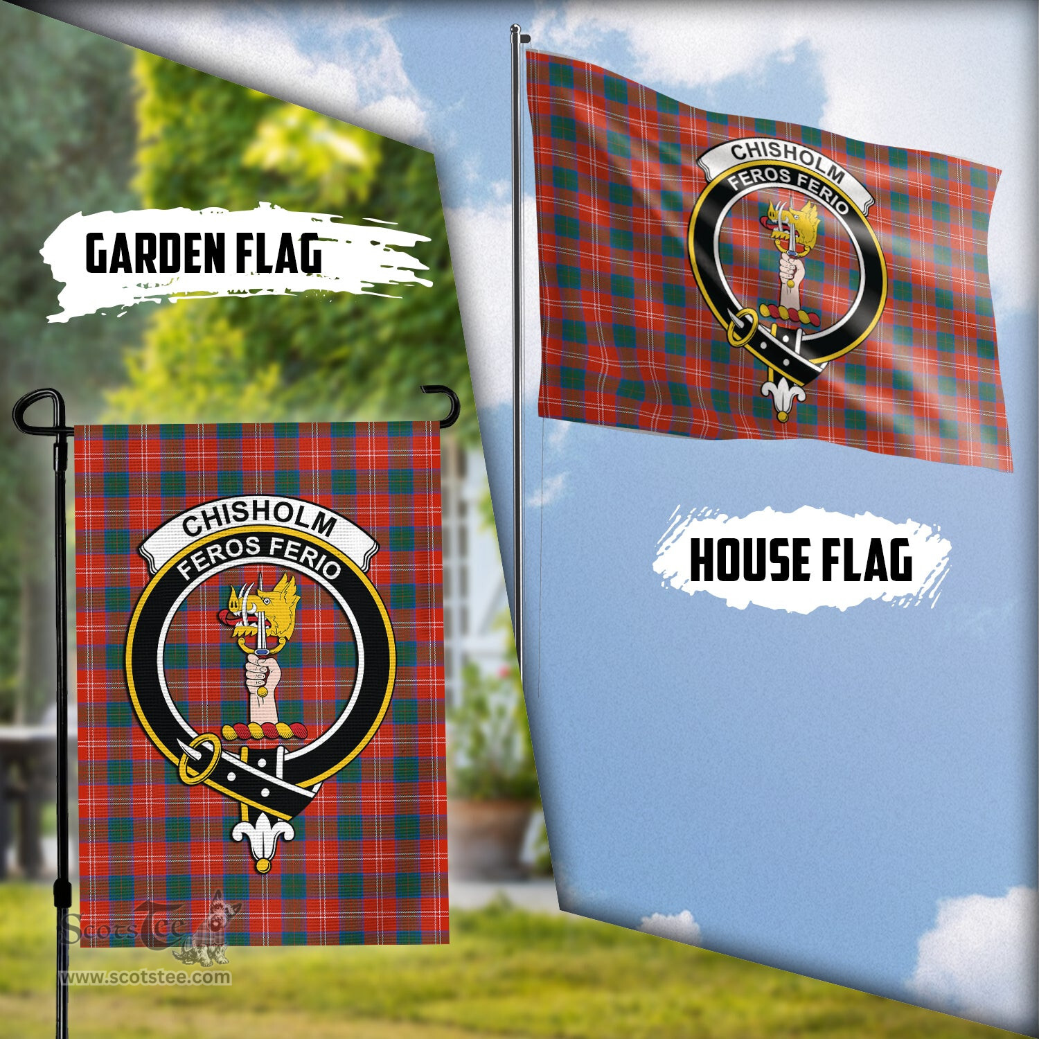 Scottish Chisholm Ancient Tartan Flag with Family Crest - Tartan Garden Flag Scottish Plaid Tartan Plaid - ScotsTee - scotstee.com