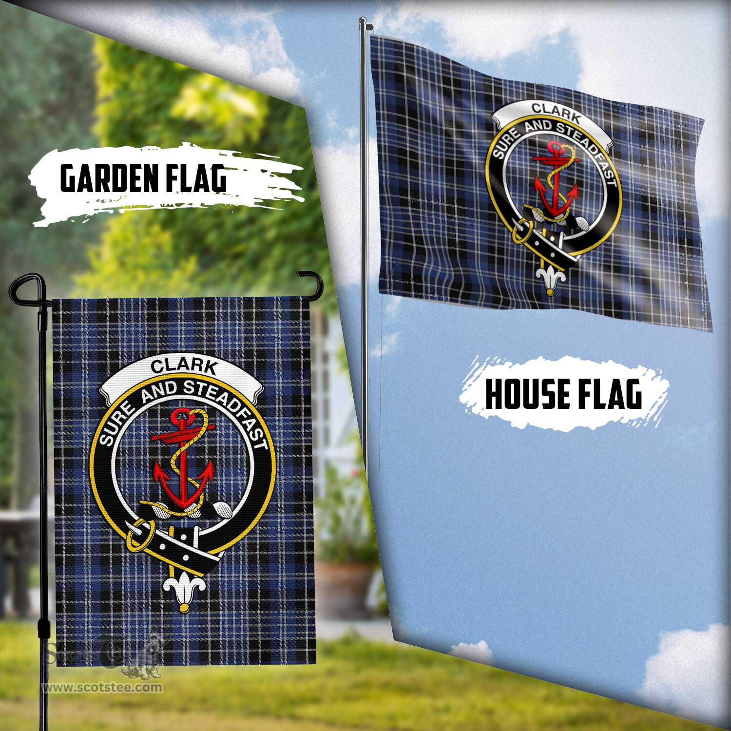 Scottish Clark Tartan Flag with Family Crest - Tartan Garden Flag Scottish Plaid Tartan Plaid - ScotsTee - scotstee.com