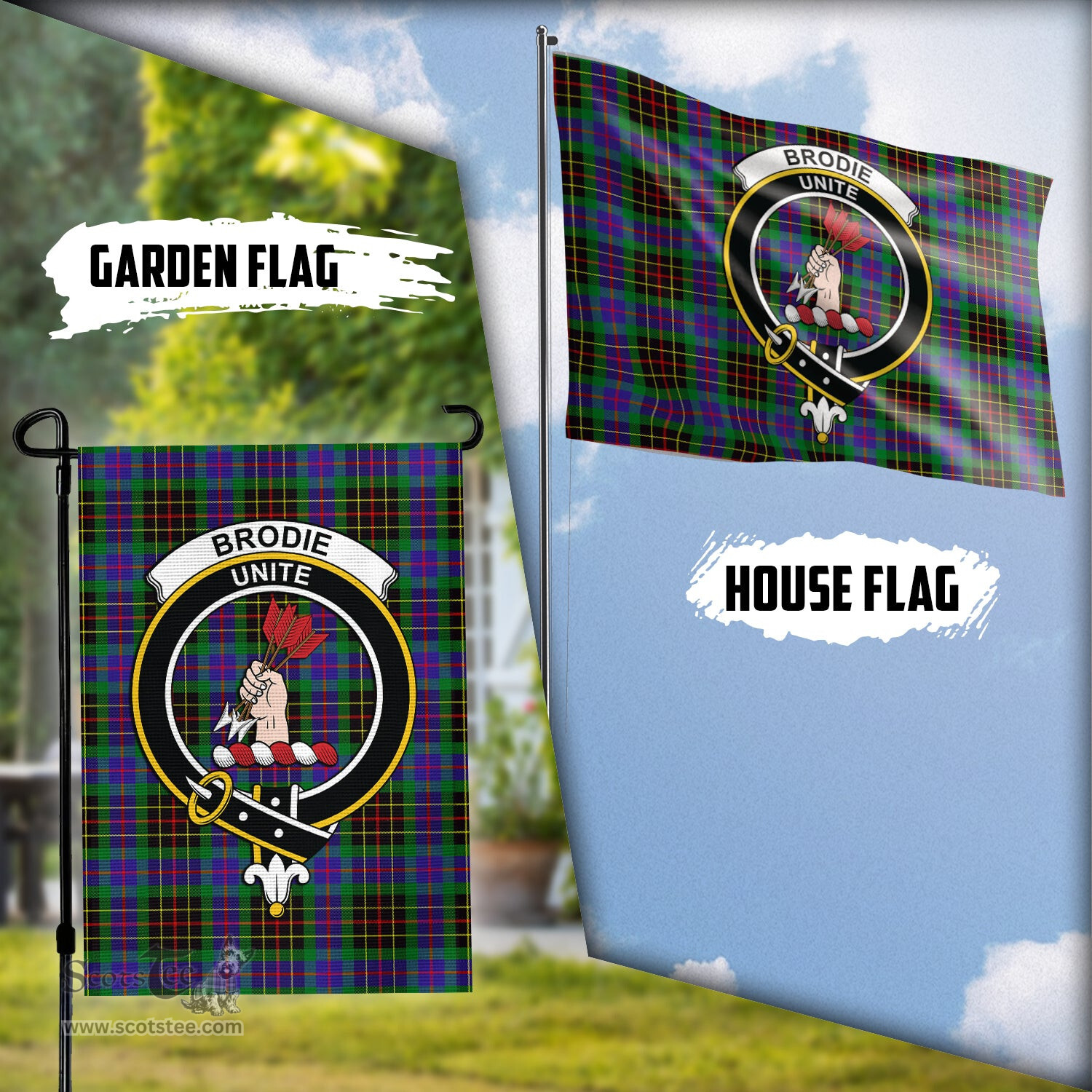 Scottish Brodie Hunting Modern Tartan Flag with Family Crest - Tartan Garden Flag Scottish Plaid Tartan Plaid - ScotsTee - scotstee.com