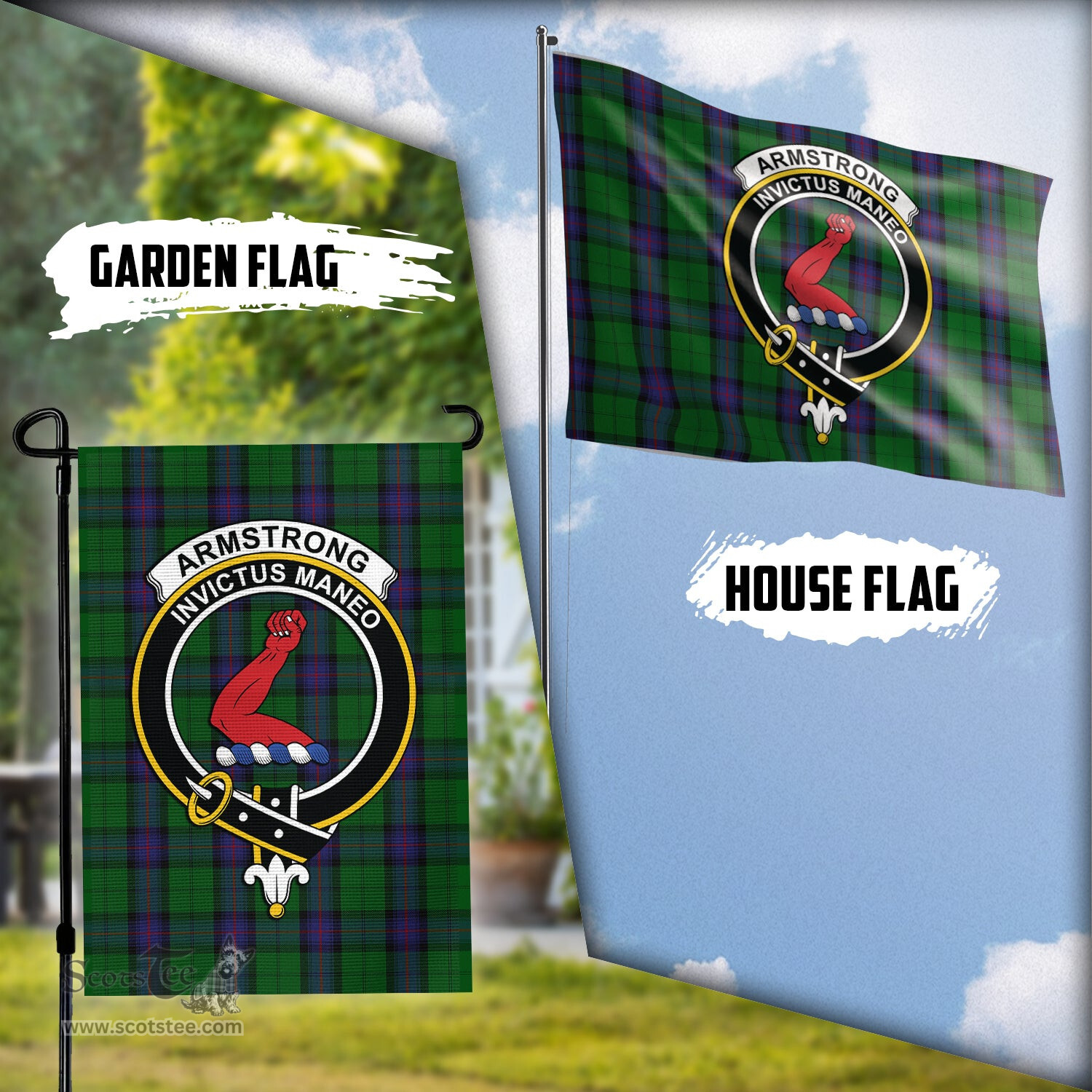 Scottish Armstrong Tartan Flag with Family Crest - Tartan Garden Flag Scottish Plaid Tartan Plaid - ScotsTee - scotstee.com
