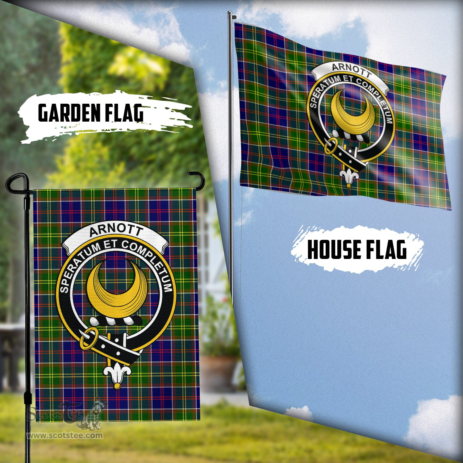 Scottish Arnott Tartan Flag with Family Crest - Tartan Garden Flag Scottish Plaid Tartan Plaid - ScotsTee - scotstee.com