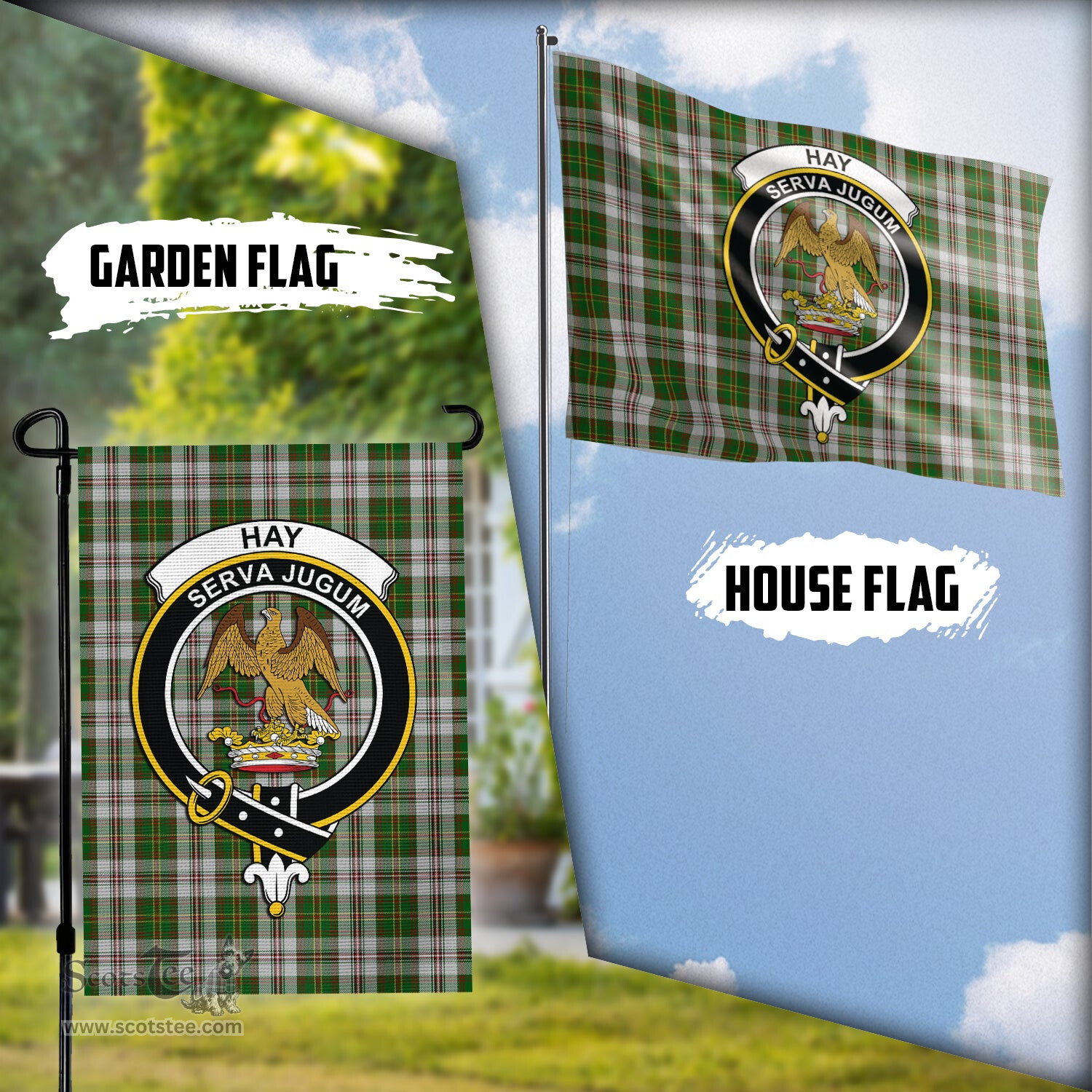 Scottish Hay White Dress Tartan Flag with Family Crest - Tartan Garden Flag Scottish Plaid Tartan Plaid - ScotsTee - scotstee.com