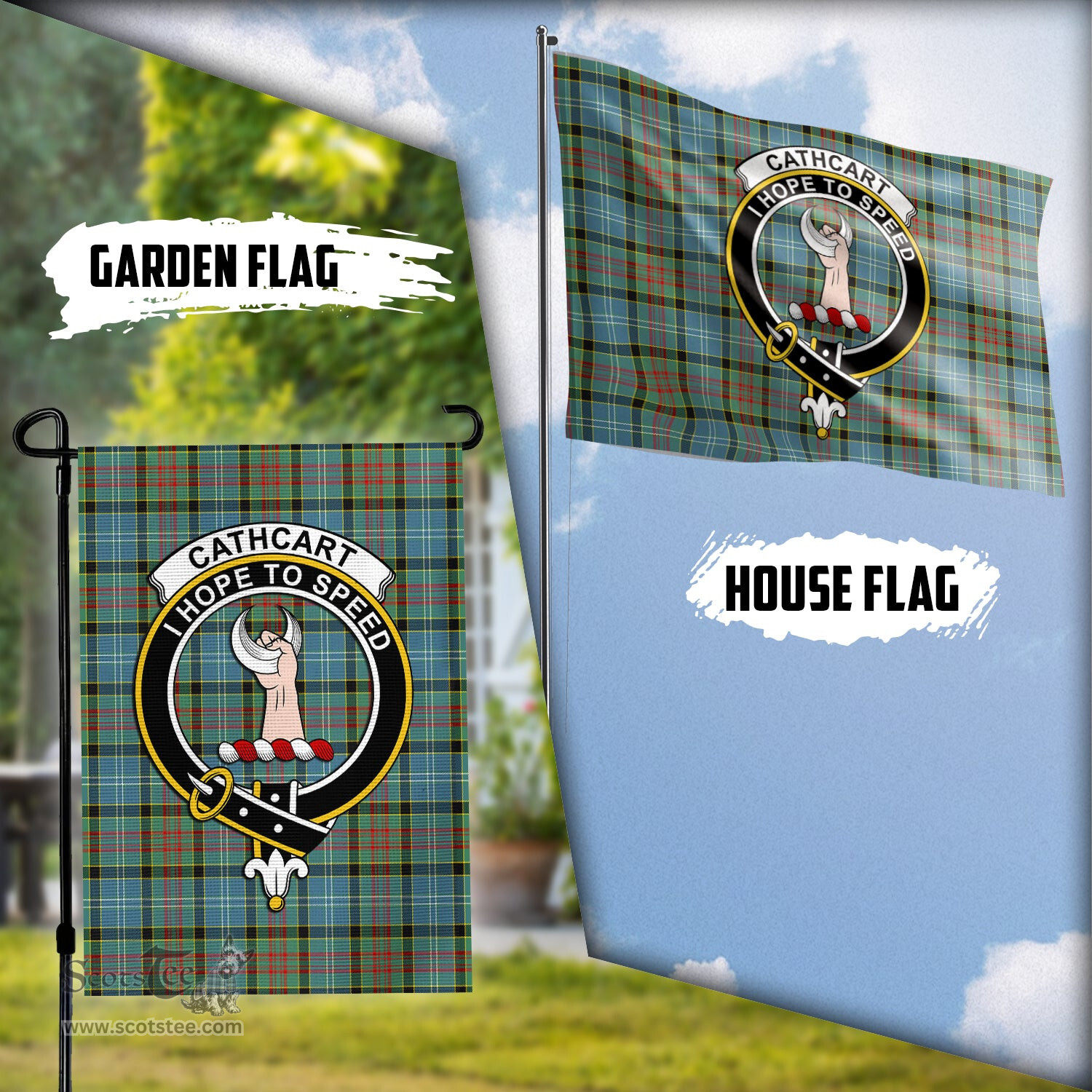 Scottish Cathcart Tartan Flag with Family Crest - Tartan Garden Flag Scottish Plaid Tartan Plaid - ScotsTee - scotstee.com