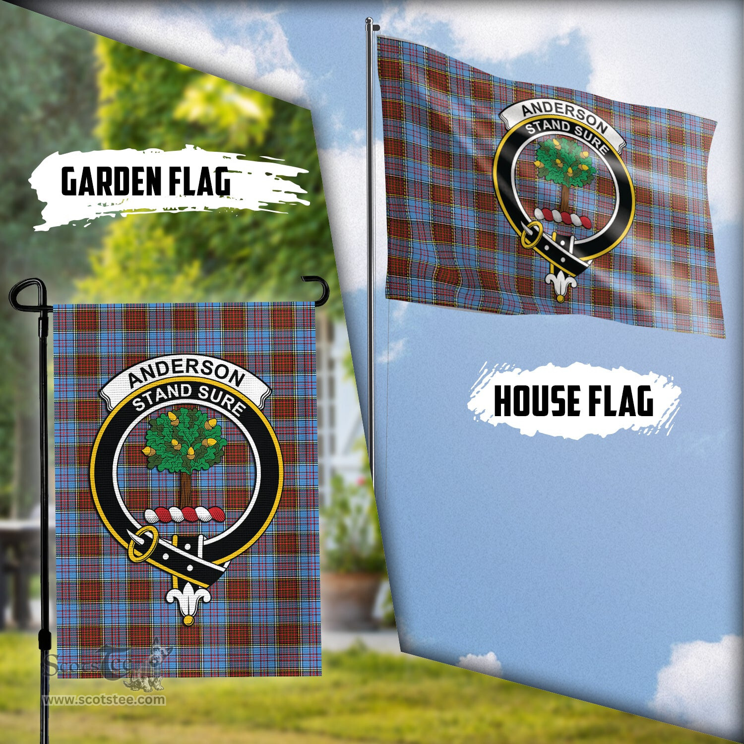 Scottish Anderson Modern Tartan Flag with Family Crest - Tartan Garden Flag Scottish Plaid Tartan Plaid - ScotsTee - scotstee.com