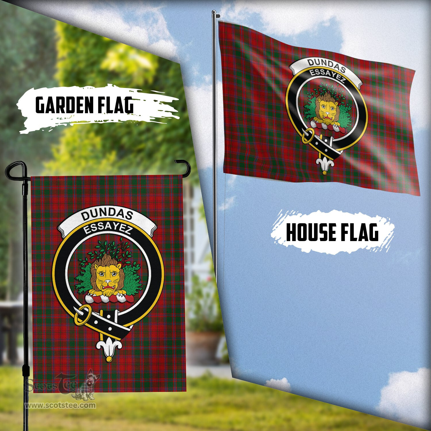Scottish Dundas Red Tartan Flag with Family Crest - Tartan Garden Flag Scottish Plaid Tartan Plaid - ScotsTee - scotstee.com