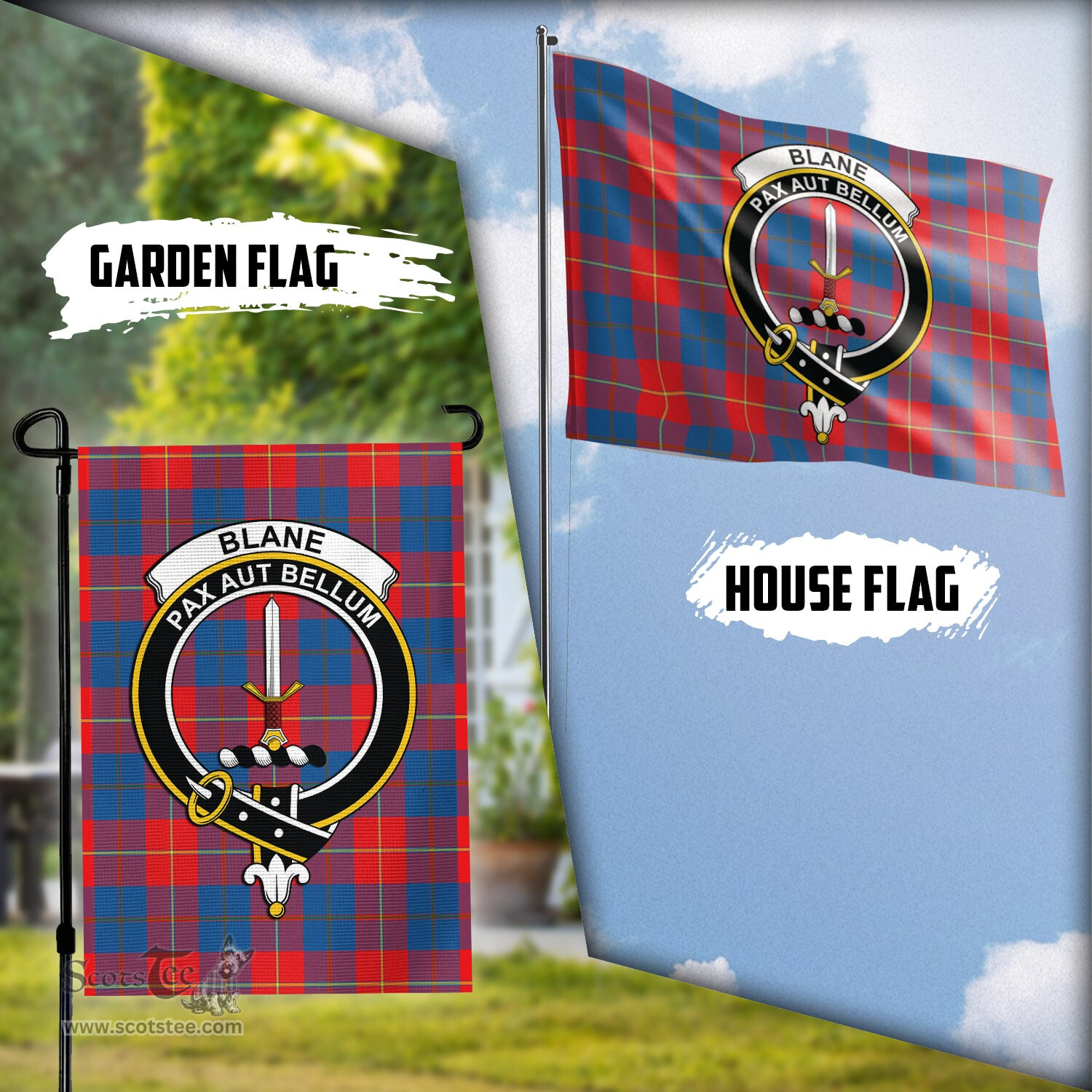 Scottish Blane Tartan Flag with Family Crest - Tartan Garden Flag Scottish Plaid Tartan Plaid - ScotsTee - scotstee.com