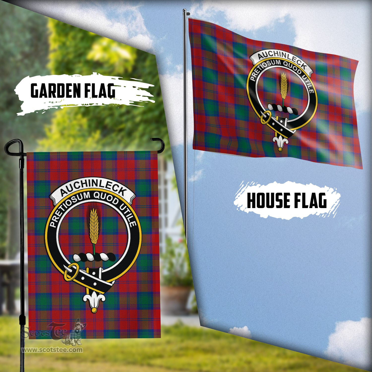 Scottish Auchinleck Tartan Flag with Family Crest - Tartan Garden Flag Scottish Plaid Tartan Plaid - ScotsTee - scotstee.com