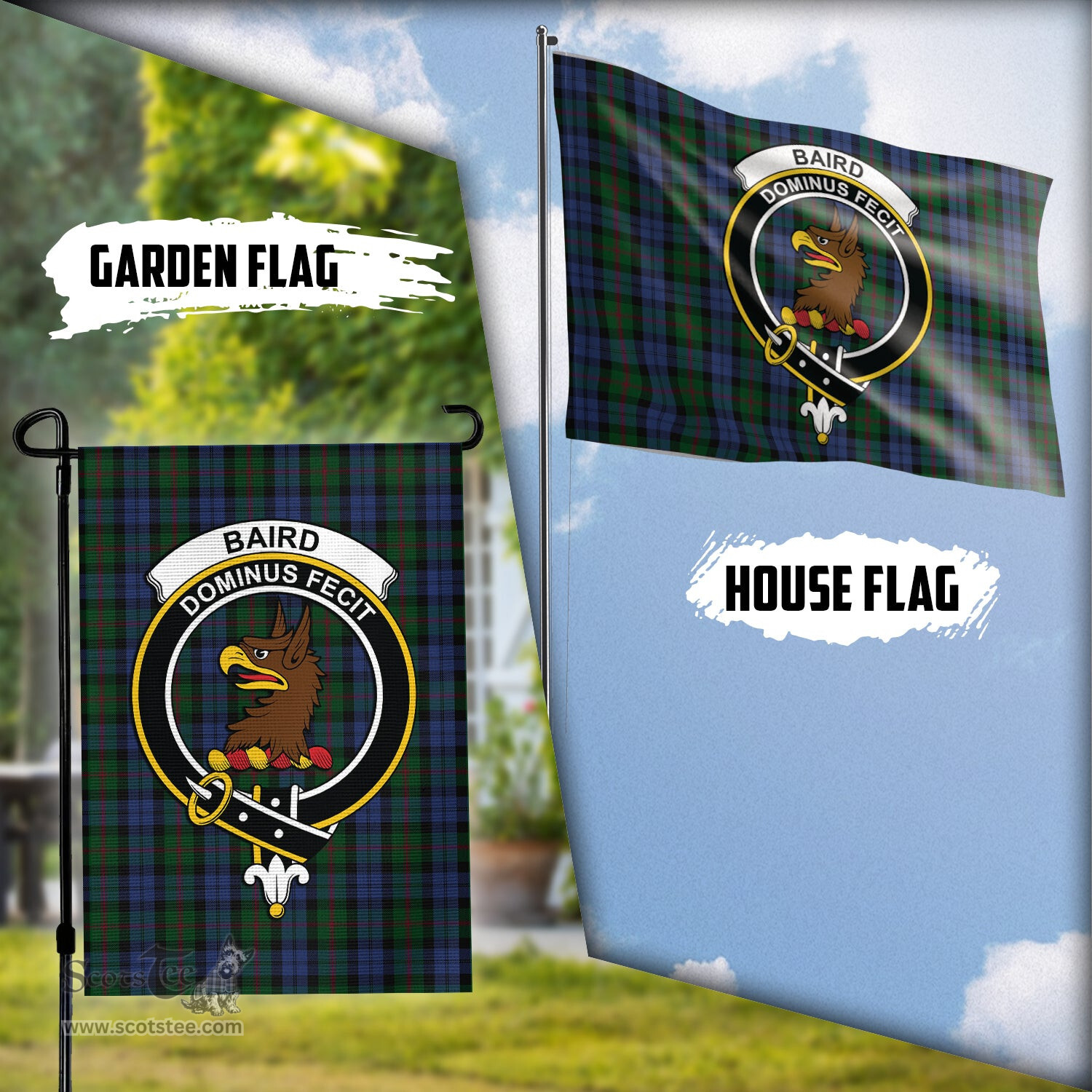 Scottish Baird Tartan Flag with Family Crest - Tartan Garden Flag Scottish Plaid Tartan Plaid - ScotsTee - scotstee.com