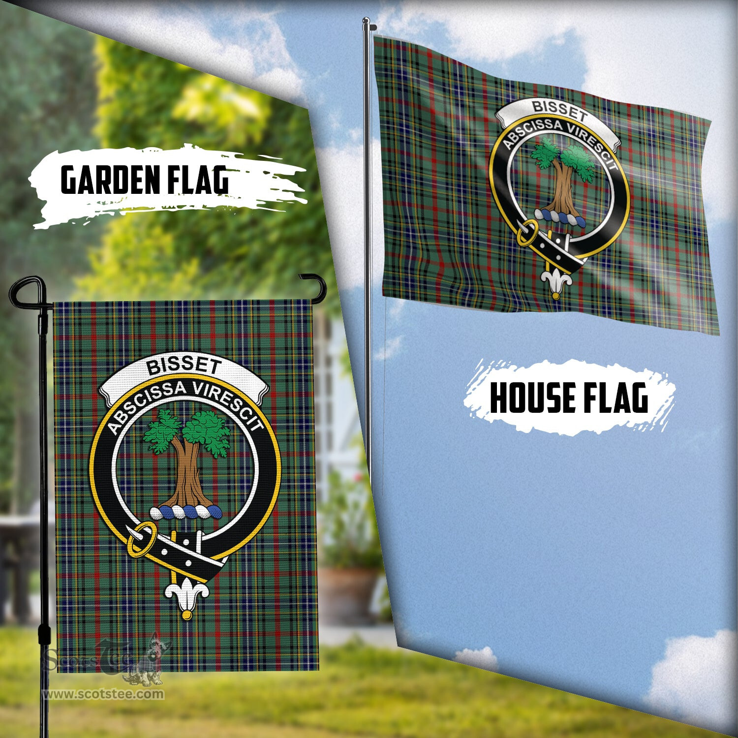 Scottish Bisset Tartan Flag with Family Crest - Tartan Garden Flag Scottish Plaid Tartan Plaid - ScotsTee - scotstee.com