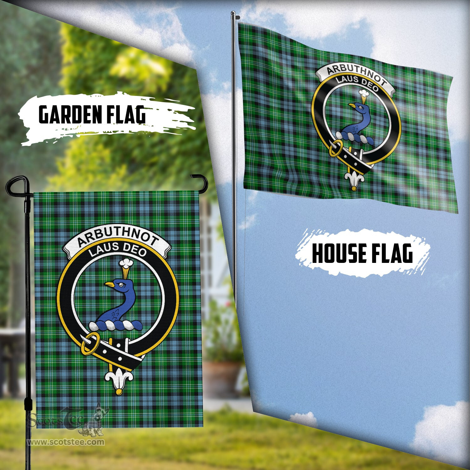 Scottish Arbuthnot Ancient Tartan Flag with Family Crest - Tartan Garden Flag Scottish Plaid Tartan Plaid - ScotsTee - scotstee.com