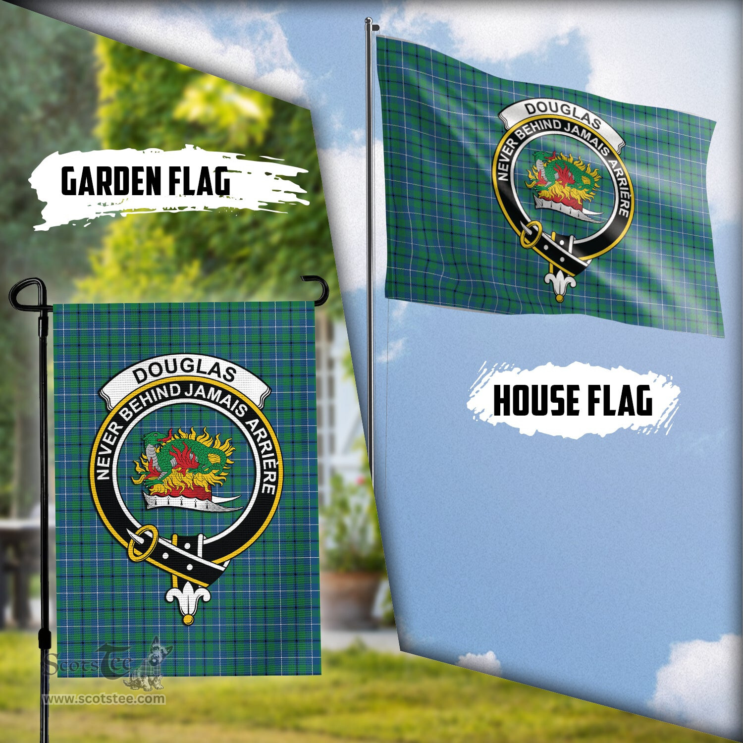 Scottish Douglas Ancient Tartan Flag with Family Crest - Tartan Garden Flag Scottish Plaid Tartan Plaid - ScotsTee - scotstee.com