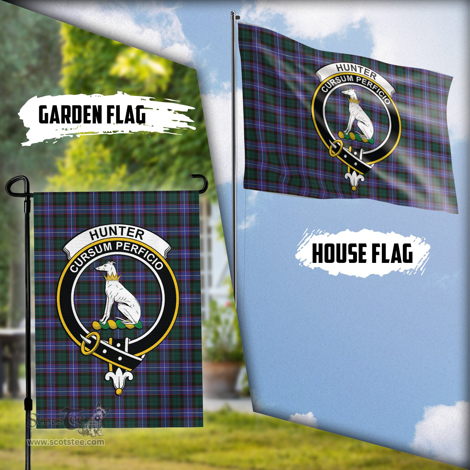 Scottish Hunter Modern Tartan Flag with Family Crest - Tartan Garden Flag Scottish Plaid Tartan Plaid - ScotsTee - scotstee.com