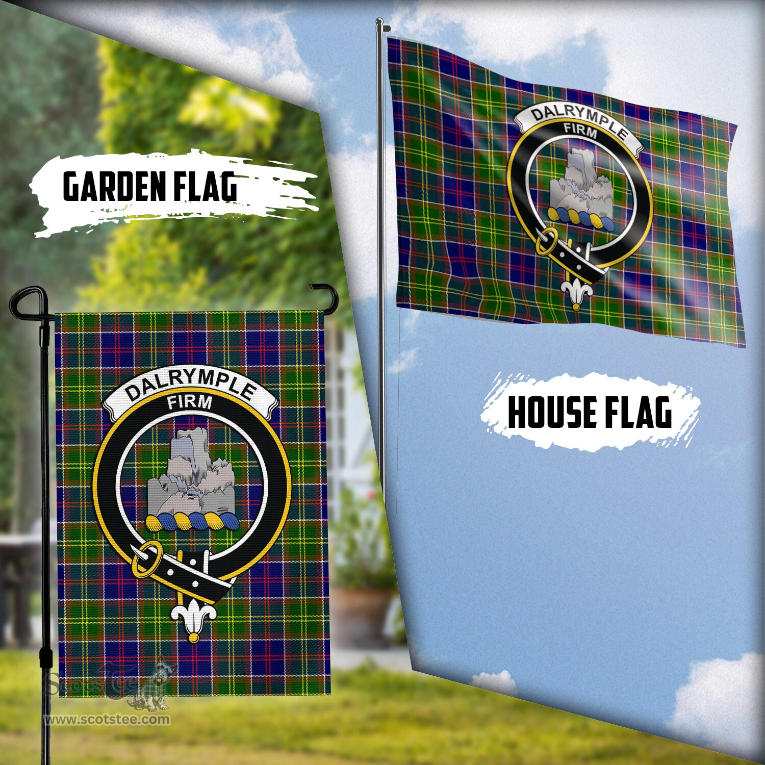 Scottish Dalrymple Tartan Flag with Family Crest - Tartan Garden Flag Scottish Plaid Tartan Plaid - ScotsTee - scotstee.com