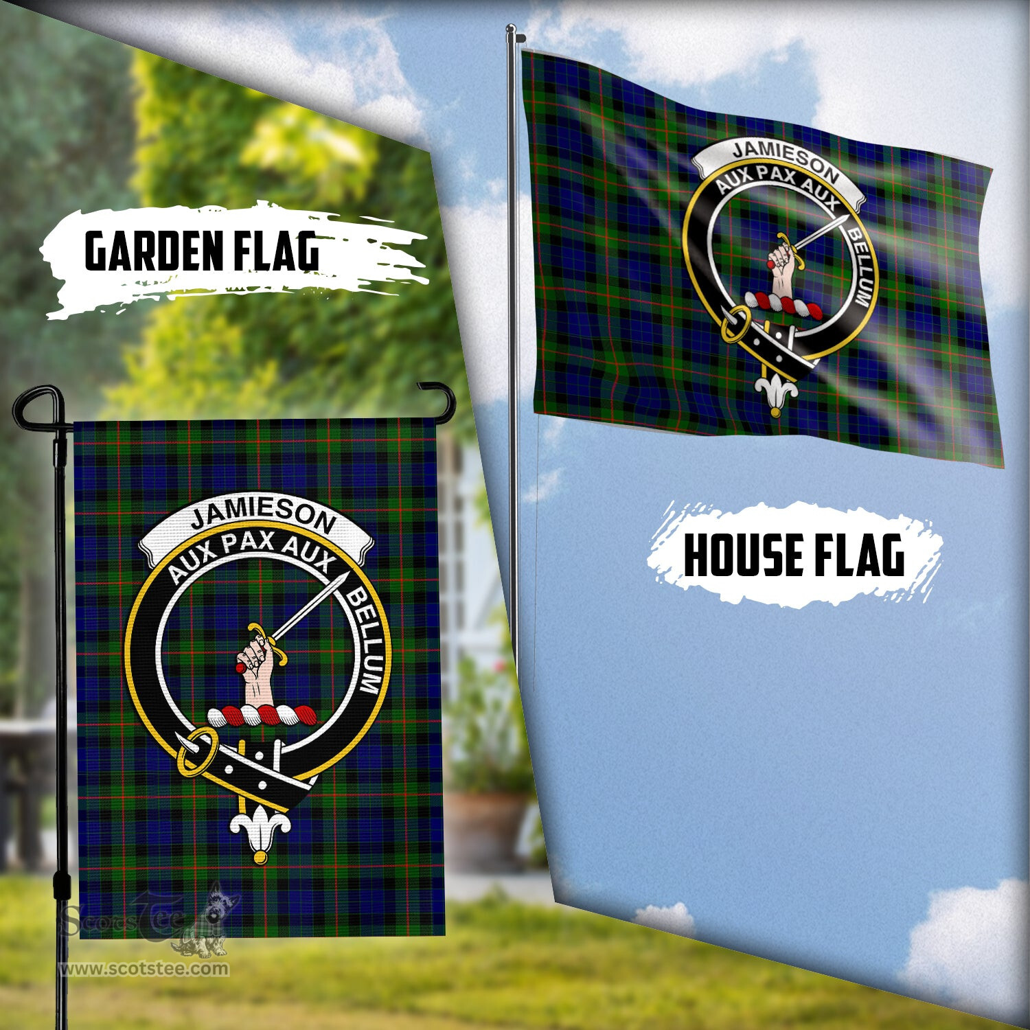 Scottish Jamieson Tartan Flag with Family Crest - Tartan Garden Flag Scottish Plaid Tartan Plaid - ScotsTee - scotstee.com