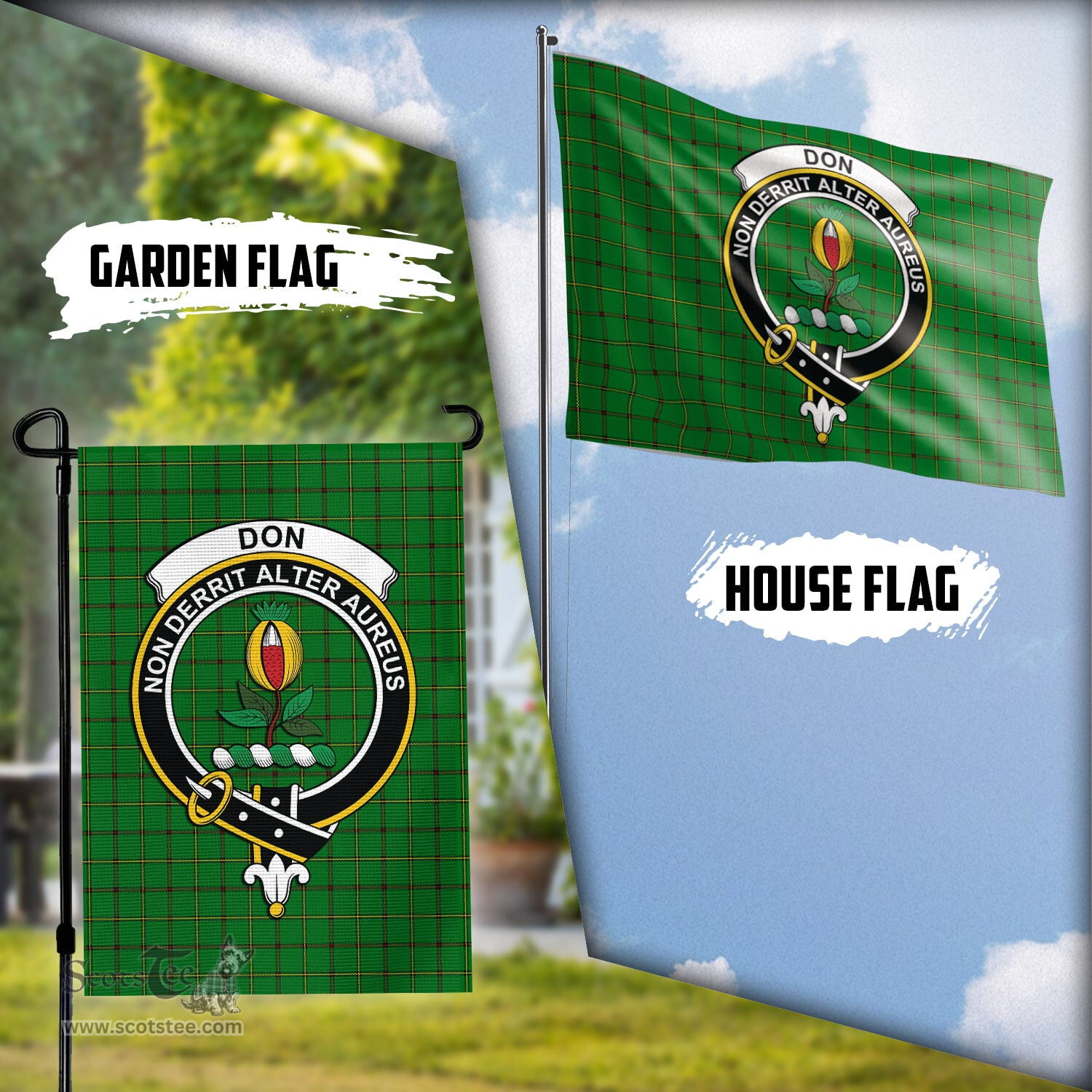Scottish Don Tartan Flag with Family Crest - Tartan Garden Flag Scottish Plaid Tartan Plaid - ScotsTee - scotstee.com
