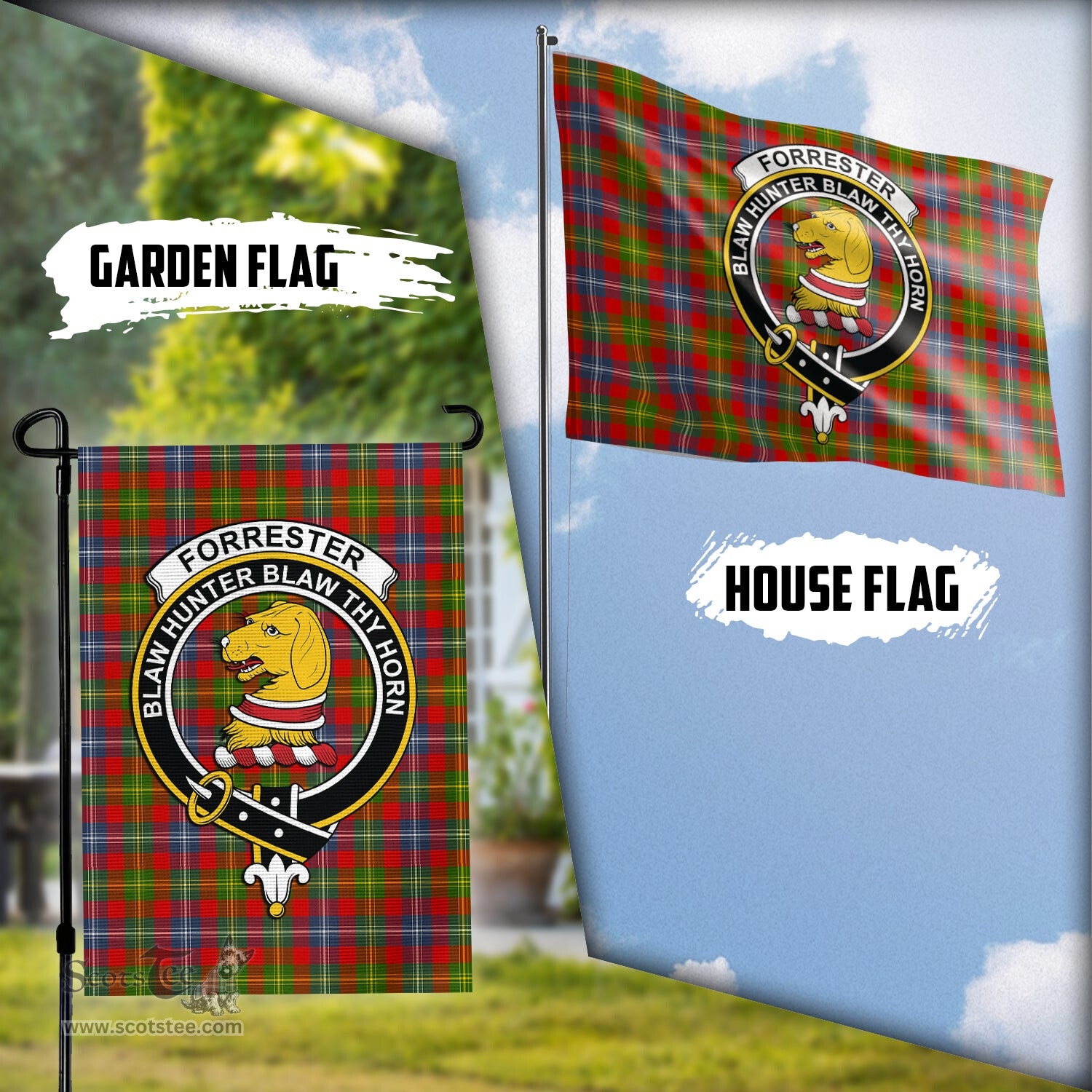 Scottish Forrester Tartan Flag with Family Crest - Tartan Garden Flag Scottish Plaid Tartan Plaid - ScotsTee - scotstee.com