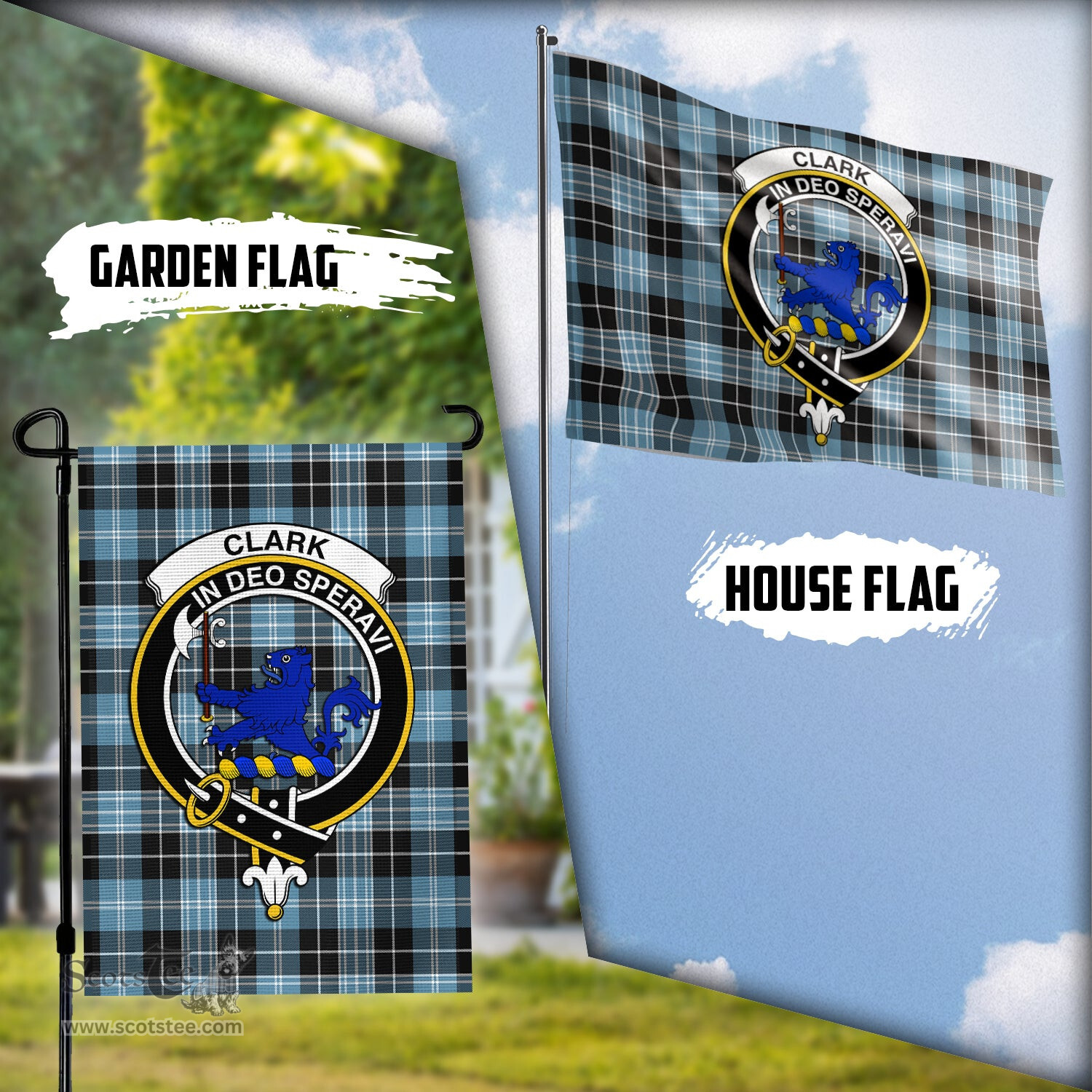Scottish Clark (Lion) Ancient Tartan Flag with Family Crest - Tartan Garden Flag Scottish Plaid Tartan Plaid - ScotsTee - scotstee.com