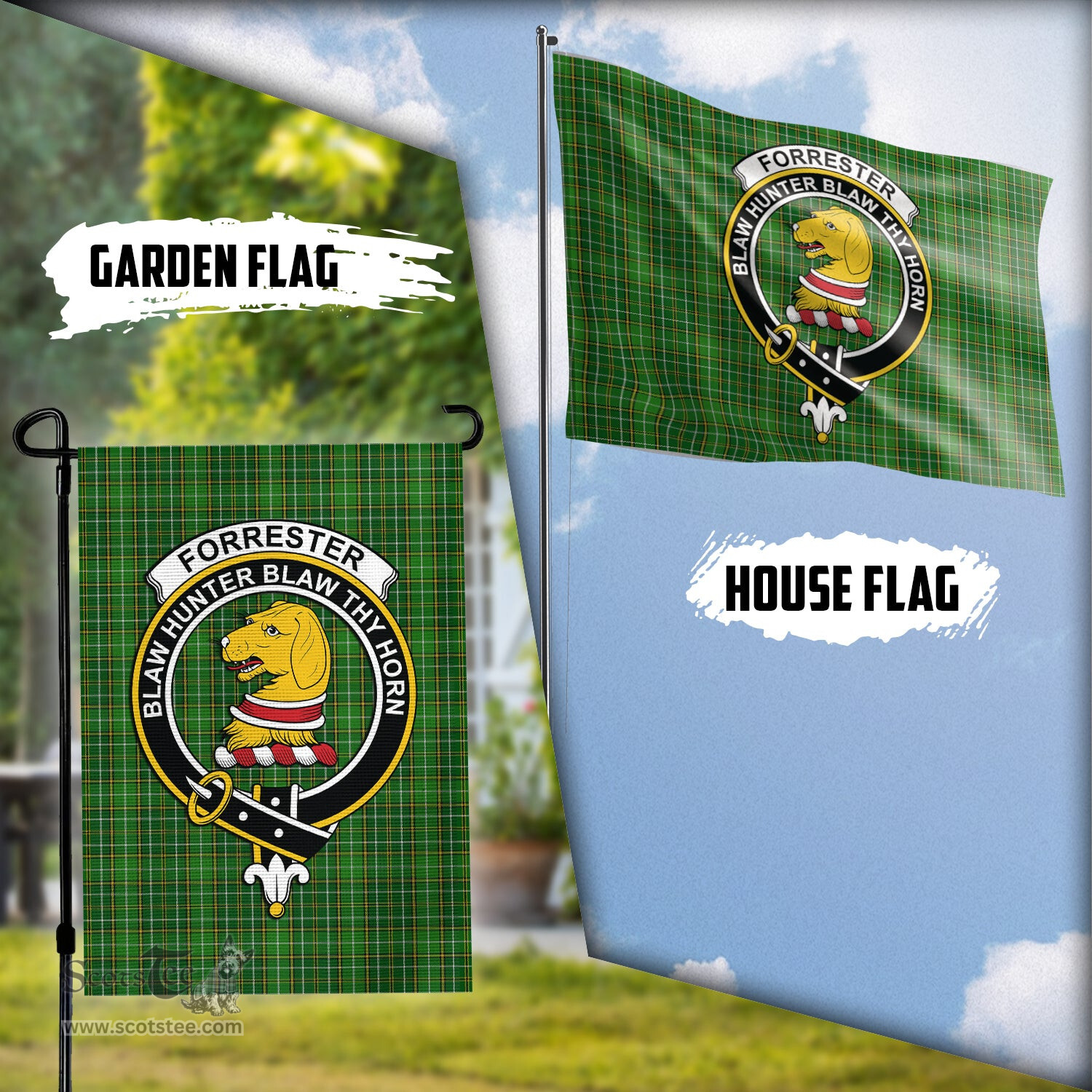 Scottish Forrester or Foster Hunting Tartan Flag with Family Crest - Tartan Garden Flag Scottish Plaid Tartan Plaid - ScotsTee - scotstee.com
