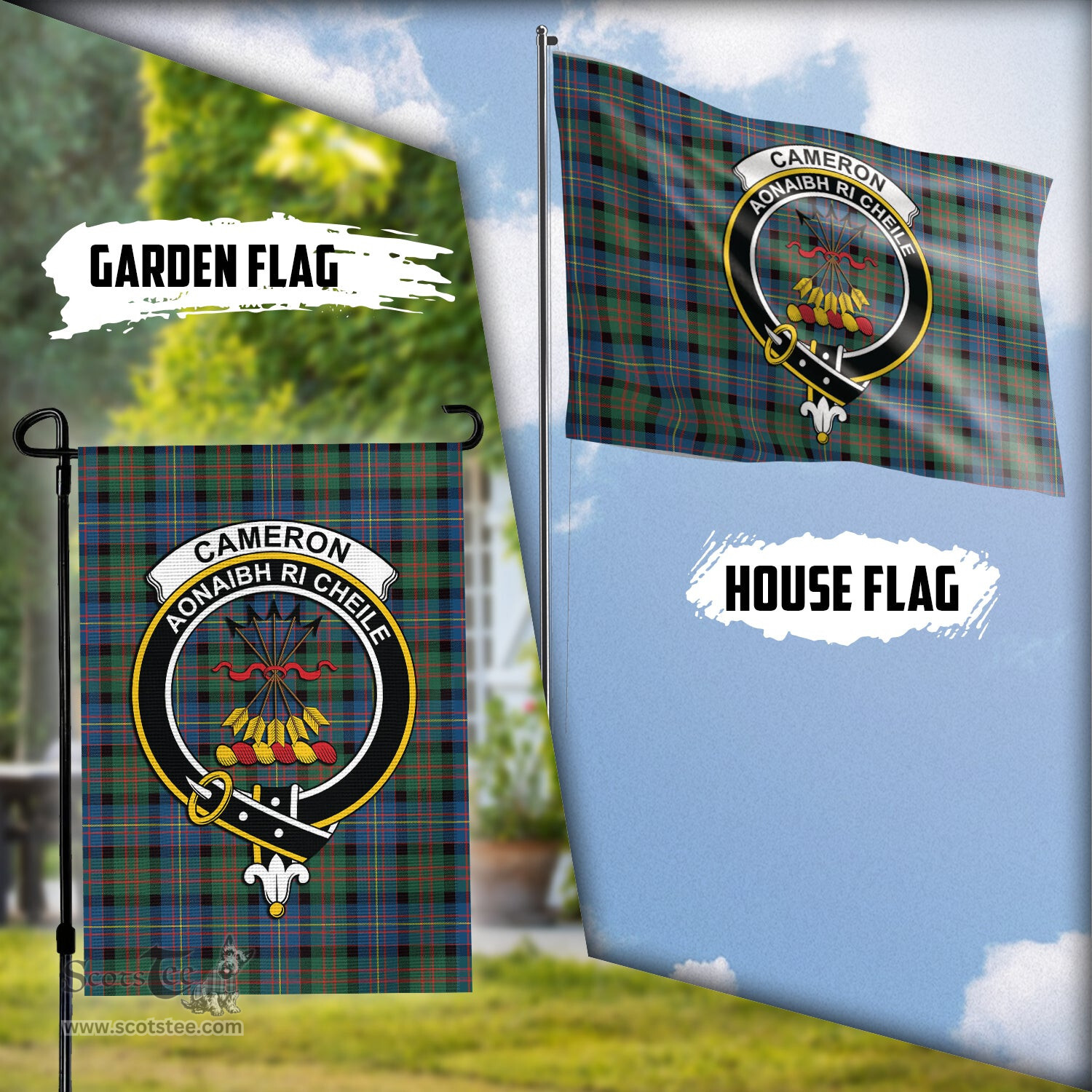 Scottish Cameron of Erracht Ancient Tartan Flag with Family Crest - Tartan Garden Flag Scottish Plaid Tartan Plaid - ScotsTee - scotstee.com