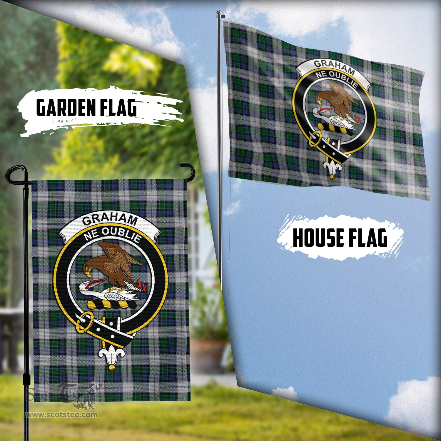 Scottish Graham Dress Tartan Flag with Family Crest - Tartan Garden Flag Scottish Plaid Tartan Plaid - ScotsTee - scotstee.com