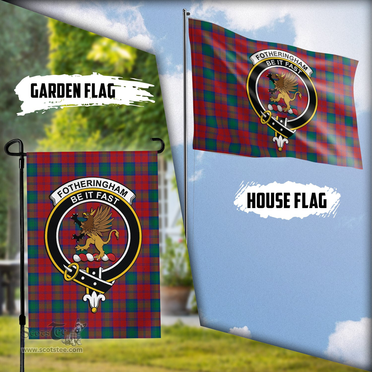 Scottish Fotheringham Modern Tartan Flag with Family Crest - Tartan Garden Flag Scottish Plaid Tartan Plaid - ScotsTee - scotstee.com
