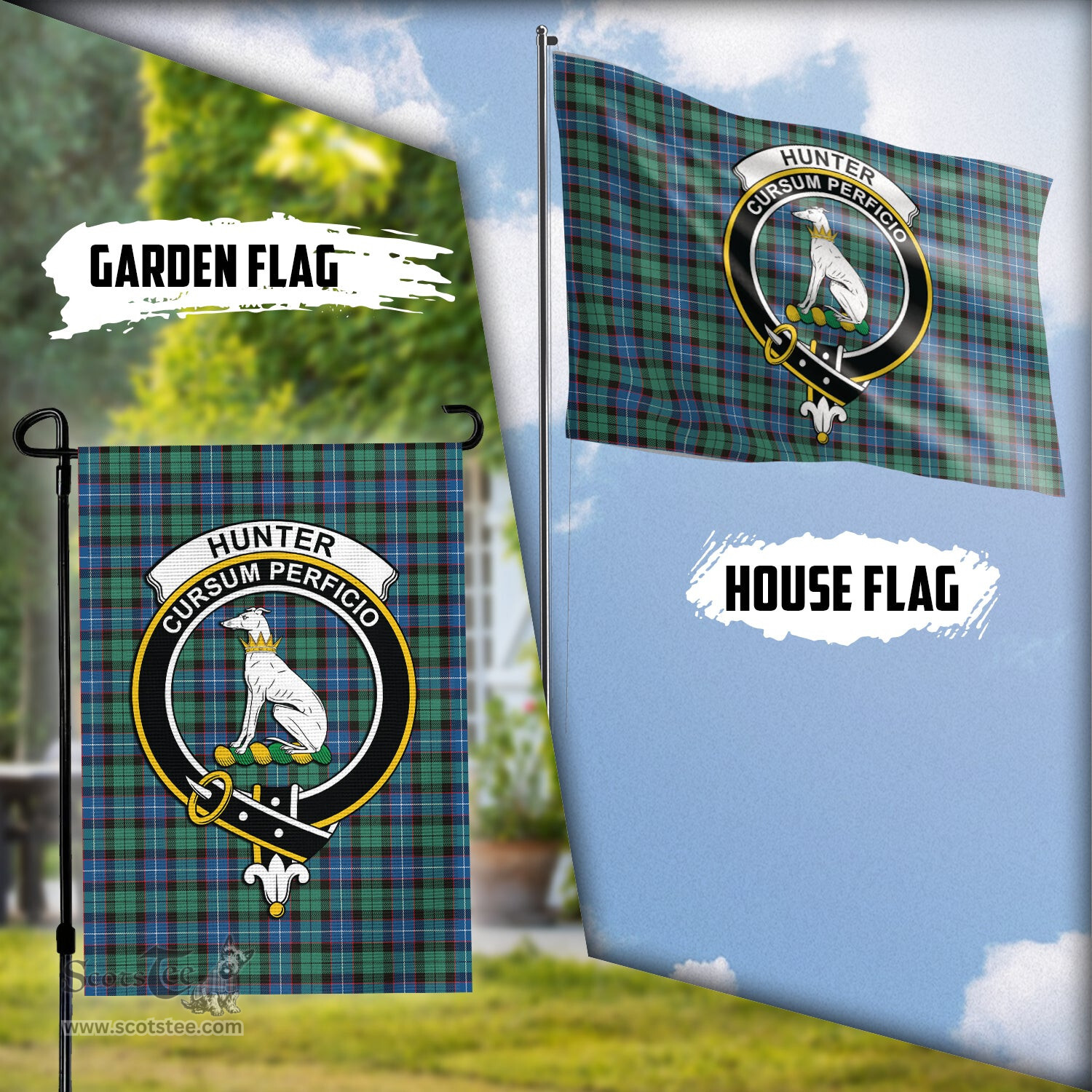 Scottish Hunter Ancient Tartan Flag with Family Crest - Tartan Garden Flag Scottish Plaid Tartan Plaid - ScotsTee - scotstee.com